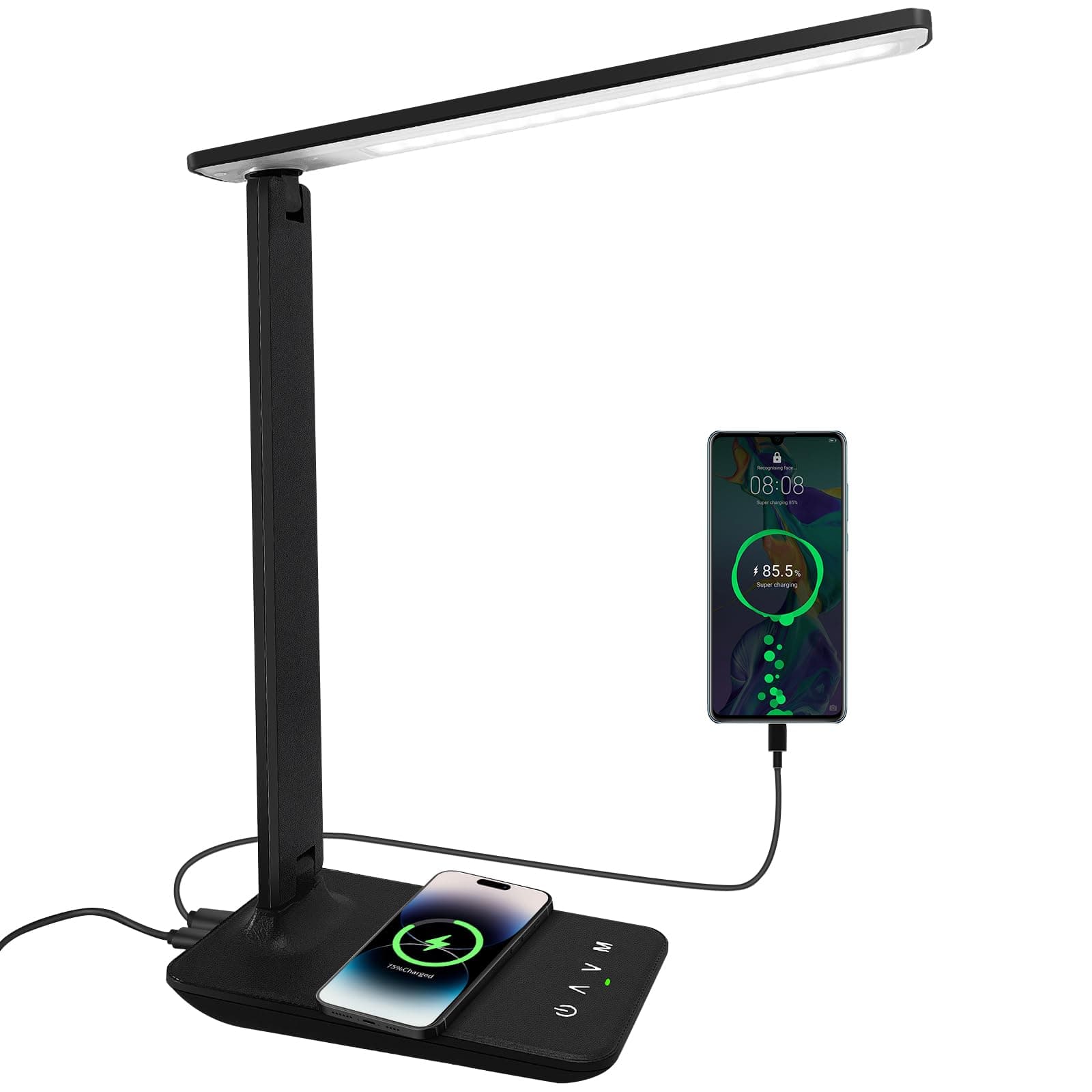 joyshie lámpara de escritorio LED con QI carga inalámbrica, Flexo de Escritorio con luz nocturna, lampara de escritorio con control táctil, Puerto de carga USB, 5 niveles de luminosidad 5 modos