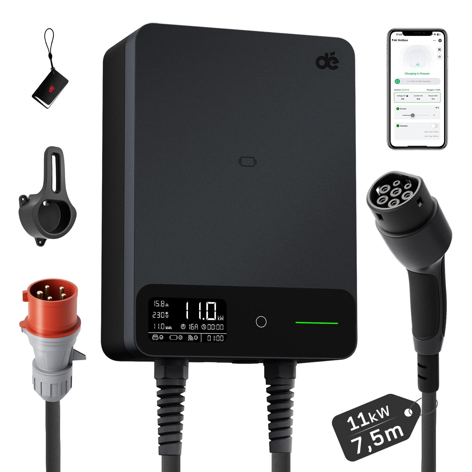 dé Wallbox 11kW mit APP, 7,5m Typ 2 Ladekabel mit Kabelhalter, 3-Phasen EV-Ladegerät (6-16A, 400V), für BEV/PHEV, RCD Type A 30mA AC + 6mA DC & IP54-Schutz, effiziente Ladestation für Zuhause, Schwarz