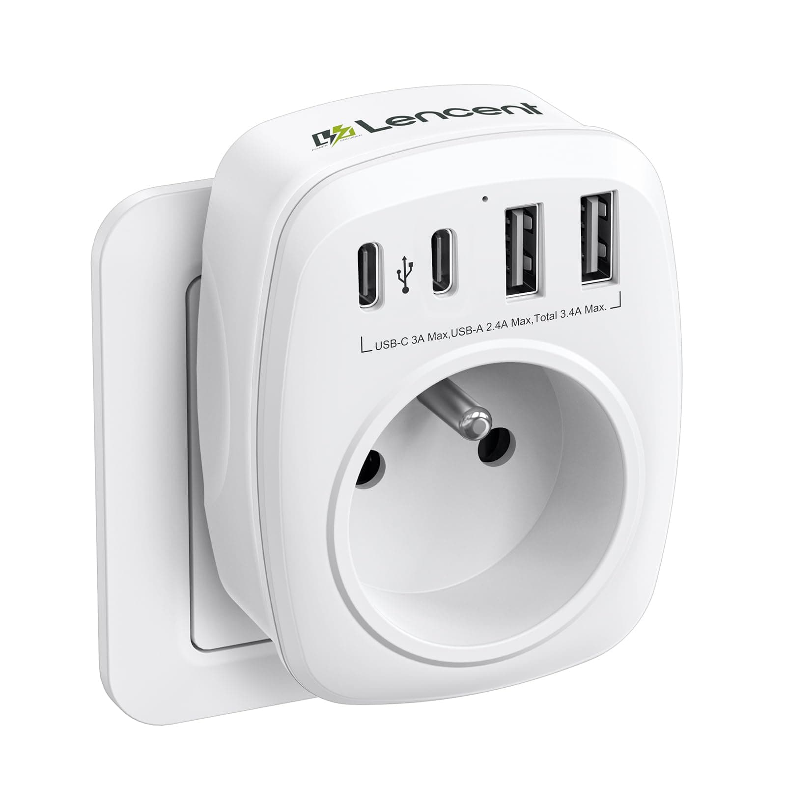 LENCENT Prise Secteur Multiple, Chargeur Multiprises avec 1 Sortie AC, 2 USB C et 2 Ports USB, Murale Electrique Compatible avec iPhone/iPad, Idéal pour Chambre Bureau Domicile 4000W