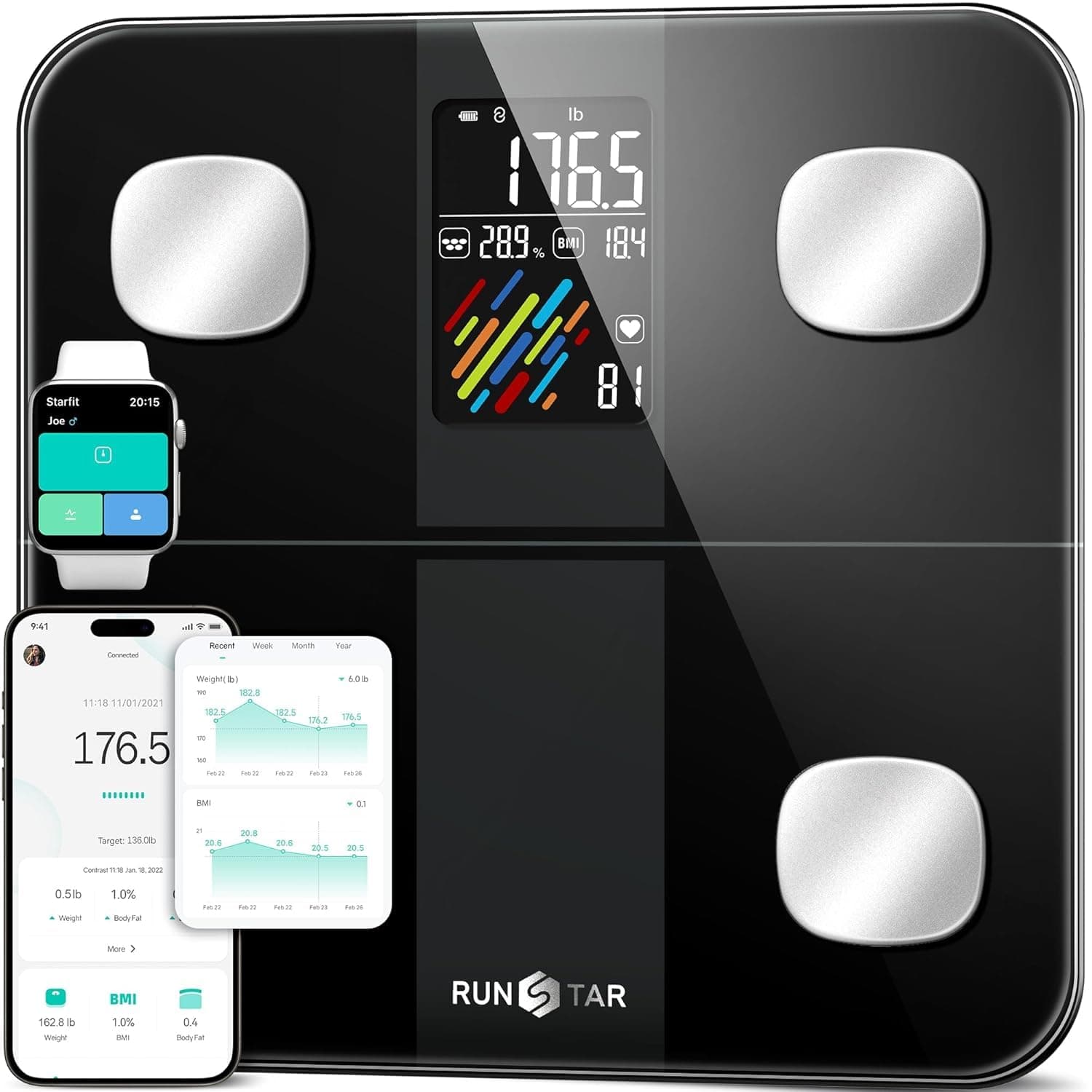 RunSTAR Pese Personne Intelligent, Balance Pese Personnes Haute Hrécision avec Grand Écran, Balance Connectée 15 Mesures Corporelles, IMC, Fréquence Cardiaque Synchronisation APP, 400lb, Noir