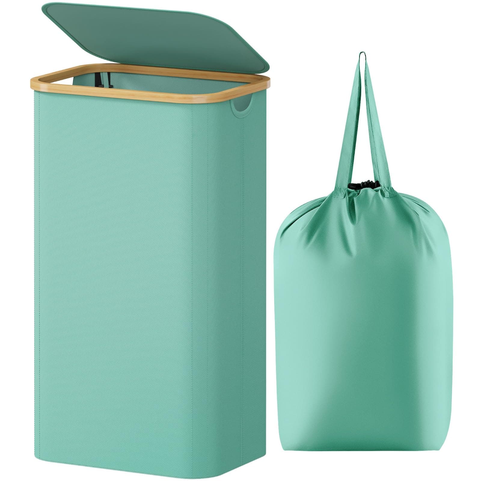 Lifewit Cesta Portabiancheria 100 L con Coperchio, Grande Cesto Biancheria Pieghevole in Bambù con Sacco Interno, Portabiancheria Salvaspazio, Laundry Basket per Camera da Letto, Bagno, Blu Verde