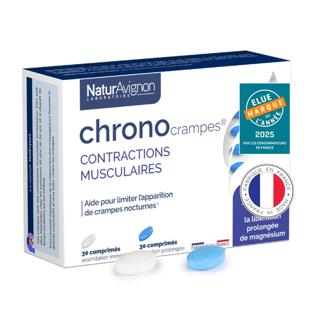 NaturAvignon Chronocrampes Comprimés | Décontractant musculaire, crampes nocturnes | Magnesium Bisglycinate & Magnesium Marin | 12h de repos sans crampes | Fabriqué en France | 60comprimés (30jours)