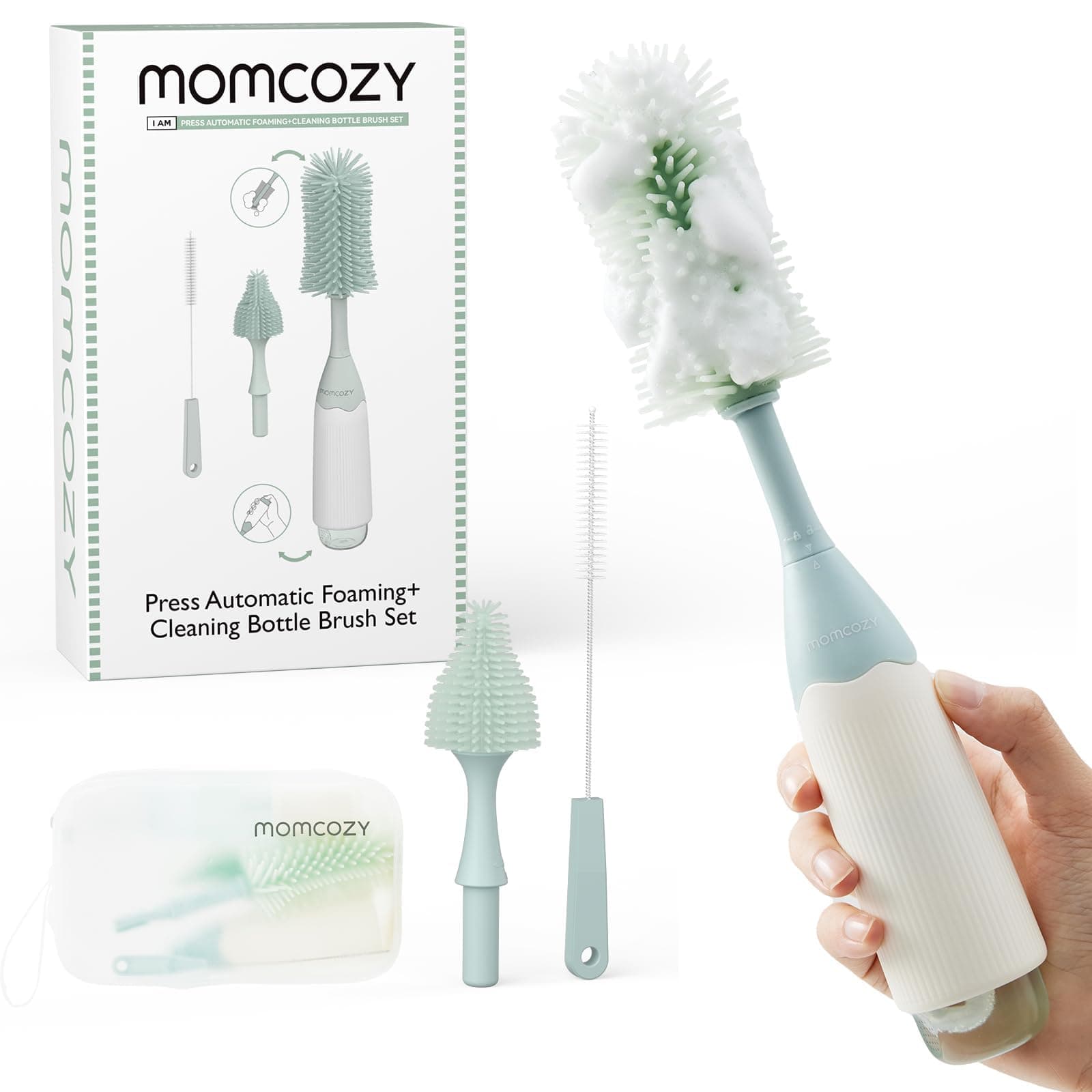 Momcozy Juego de Cepillos para Biberones con Tecnología de Espuma por Presión, Cepillo de Silicona para Biberones, Sacaleches y Tetinas, Sin BPA, Limpieza 360°, con Estuche de Viaje