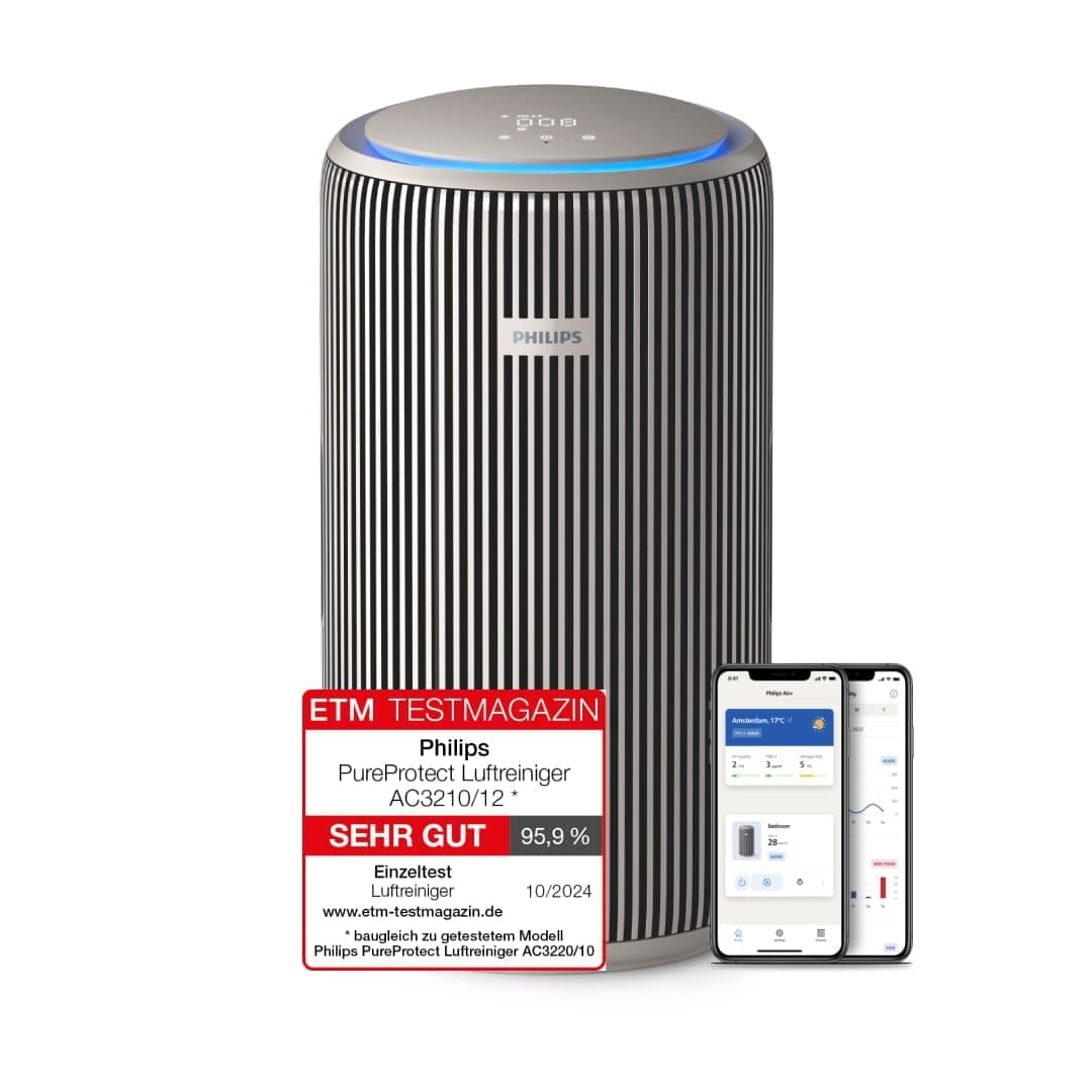 Philips Luftreiniger PureProtect 3200 Serie, Beige, für Räume bis 130 m² | CADR 500m³/h, AIR+-App, HEPA NanoProtect-Filter, entfernt bis zu 99,97% Schadstoffe, ultraleise & für Allergiker (AC3210/12)