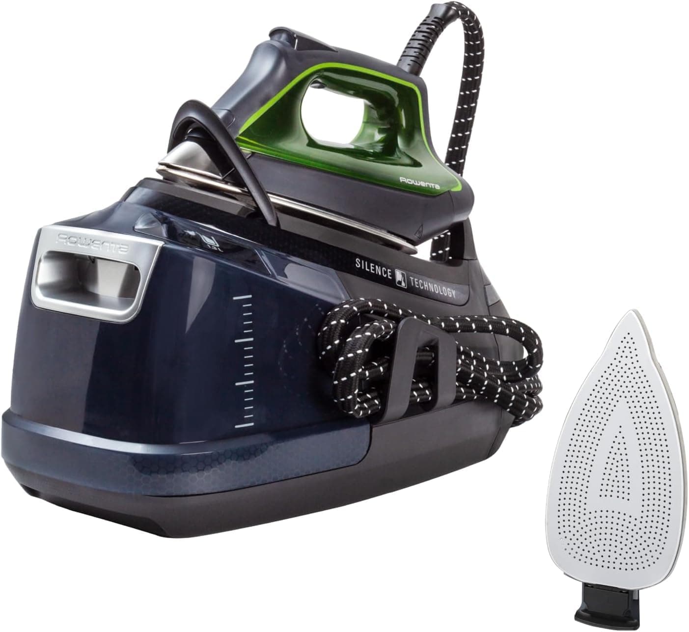 Rowenta Silence Steam Pro – Centro de planchado 2800 W, suela Microsteam de acero inoxidable, color negro, 8 bares de presión, golpe de vapor 600 g/min, cuidado y desinfección de prendas, DG9248MAN