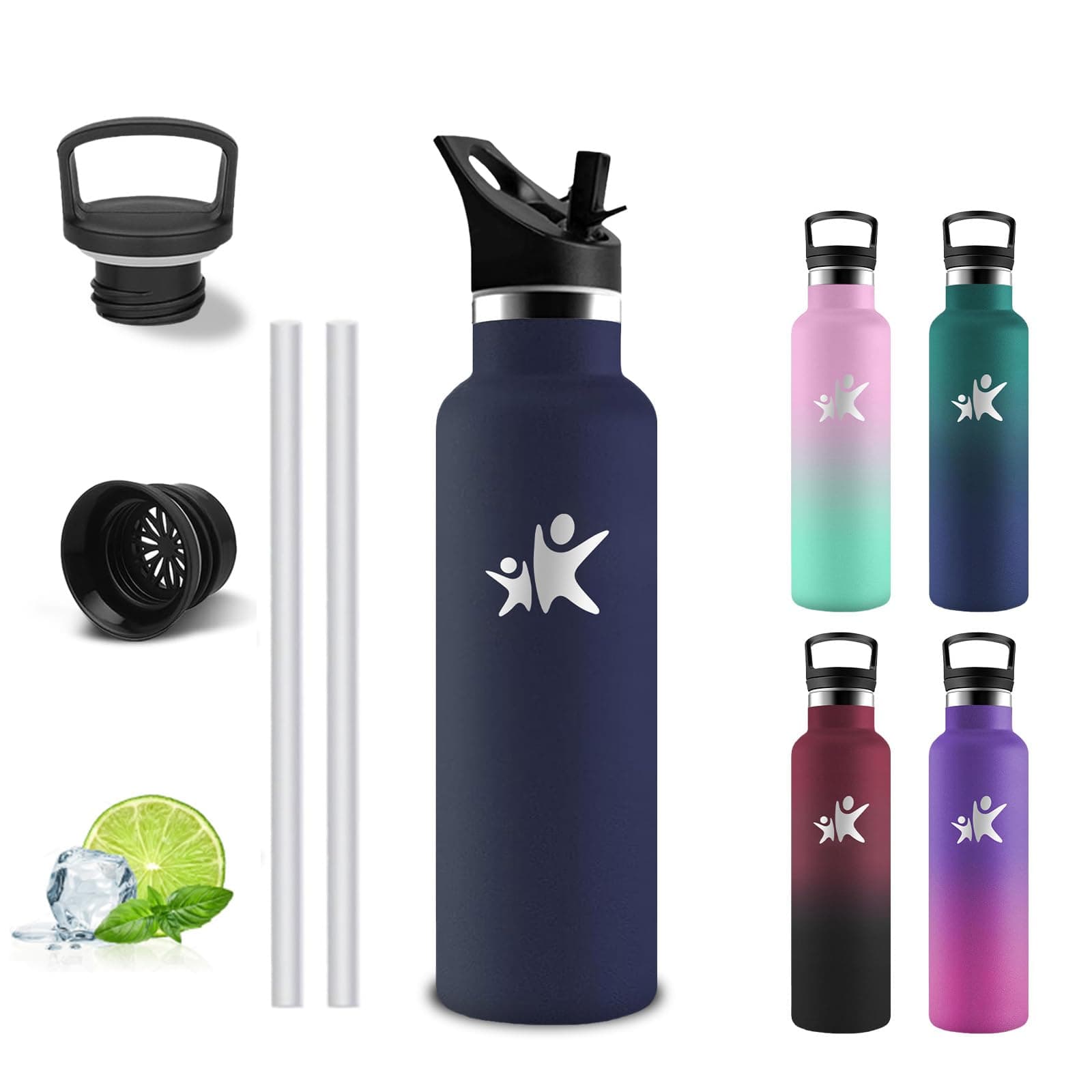 Borraccia Termica- Borraccia 500 ml- Borracia con Cannuccia- Senza Perdite- Borracce Bambini- Mantiene Caldo per 12 Ore/Freddo 24 Ore, Termos Con 2 Tappi per Scuole, Campeggio, Uffici