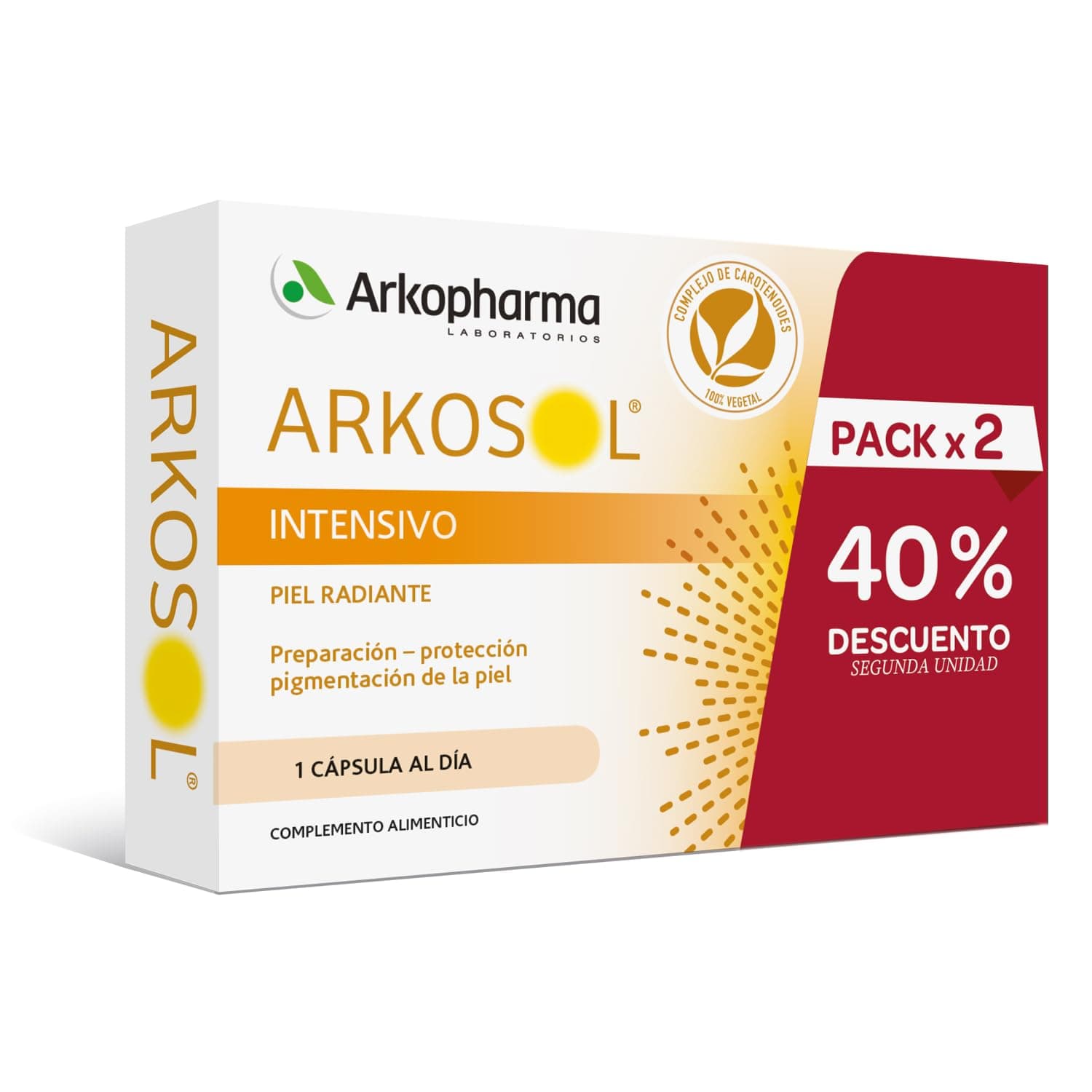 Arkopharma Arkosol Intensivo 60 Cápsulas, Bronceado Desde el Interior, Todo Tipo de Piel, Prepara y Protege la Piel para la Exposición Solar, Complemento Alimenticio