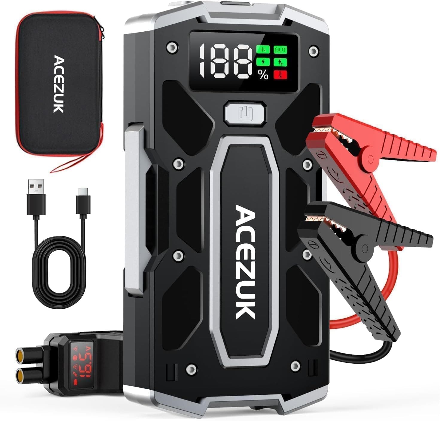 ACEZUK Arrancador de Coches 9000A, Arrancadores de Bateria de Coche Portátil(hasta 8.0L de diésel o 10.0L de Gasolina), 12V Jump Starter, Pinzas Inteligentes con Pantalla, Luz LED, Puerto QC3.0