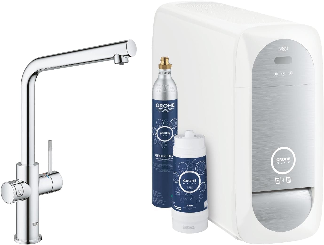 GROHE Blue Home Starter Kit con Rubinetto Filtro Acqua, Bocca L, Acqua Filtrata Refrigerata e Frizzante, WiFi e Bluetooth, Cromo, 31454001