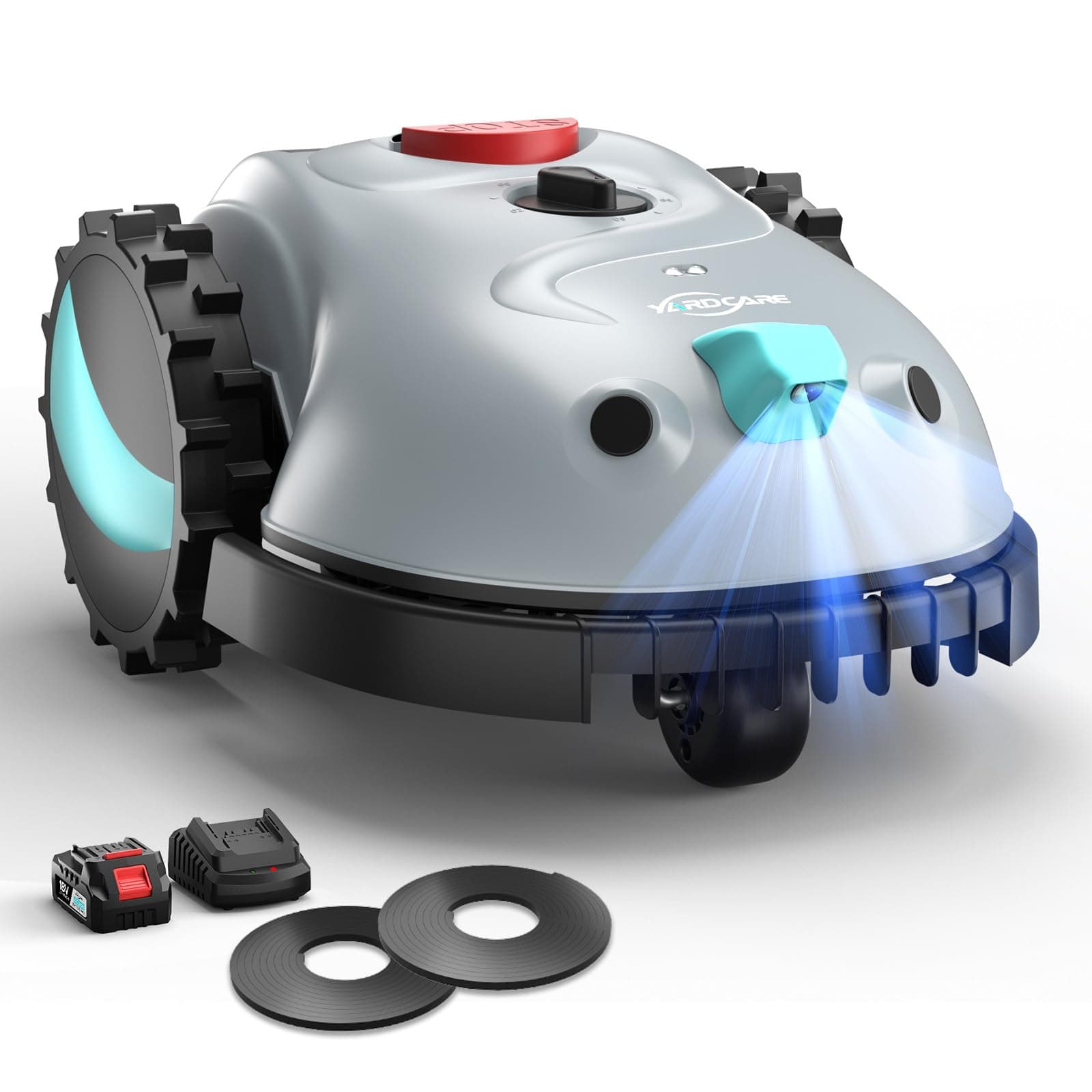 (2026 Upgrade) YARDCARE V100 Robot Tondeuse sans Fil Périphérique avec Navigation Visuelle, Détection d'obstacles 150, Robot Tondeuse Gazon avec Batterie de 4 Ah, Lames de Rechange, Bande magnétique