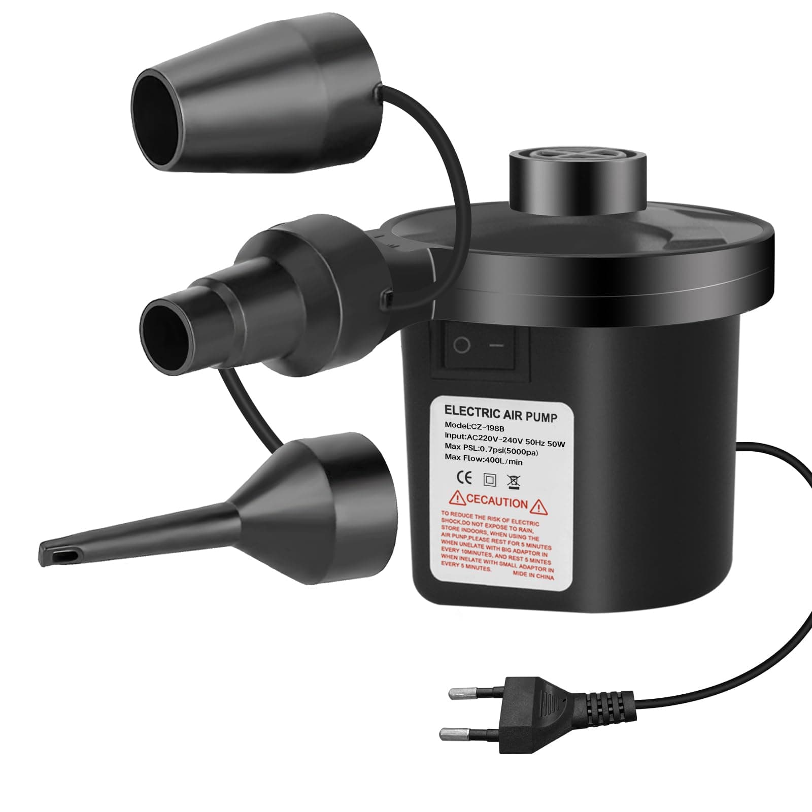 Pompe à Air Électrique Gonfleur Dégonfleur, Gonfleur AC240V,avec 3 Buses Pompe à Pagaies Haute Puissance pour Matelas Pneumatique, Matelas Gonflables, Pataugeoire,Anneau de Natation