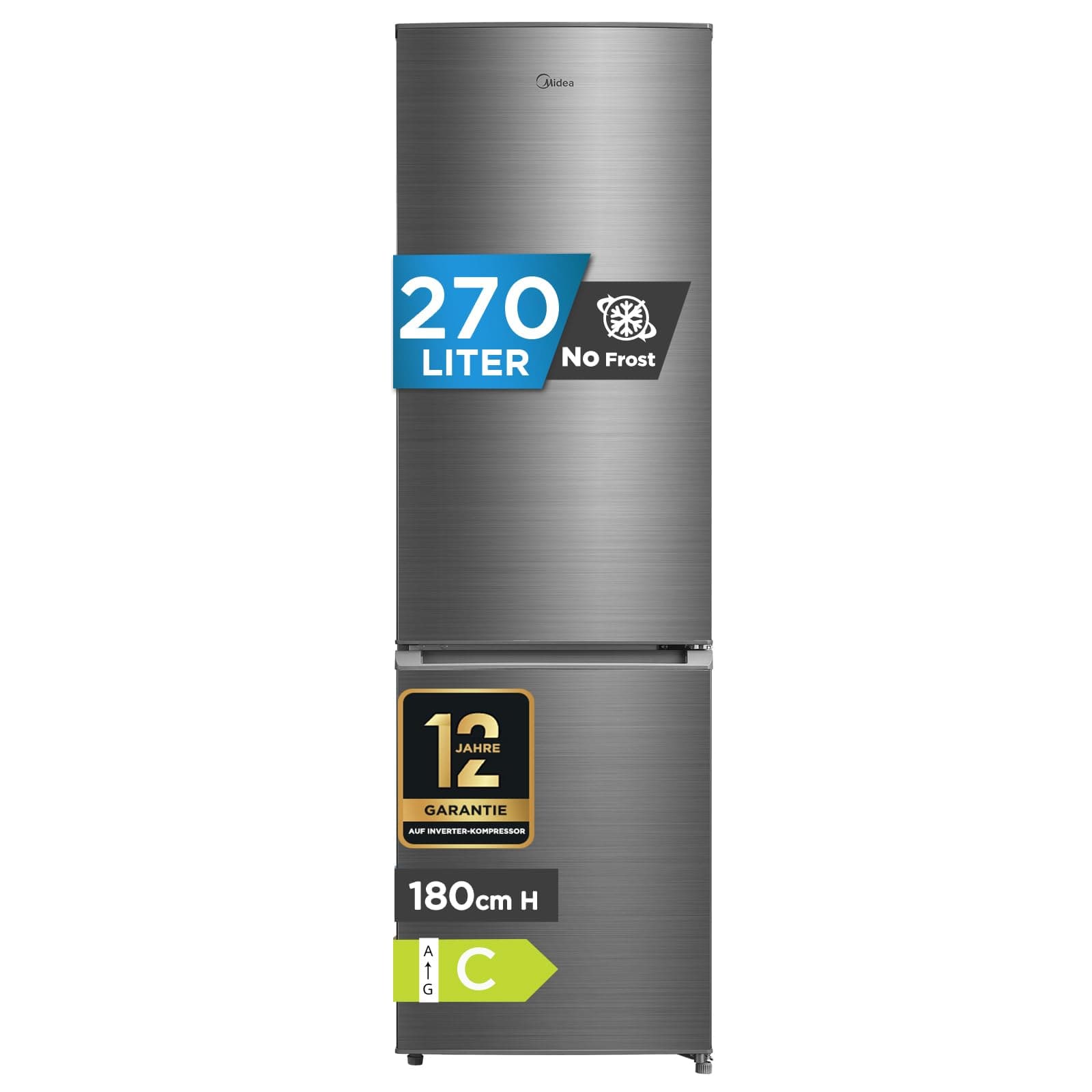 Midea Kühl-Gefrierkombination |270L Kühlschrank mit Gefrierfach | NoFrost, Inverter Kompressor, Super-Kühlfunktion, Multi-air Flow| Leise 38 dB, 140 kWh/Jahr | 180 cm Höhe, Bru-stahl, MERB276FGC46EU
