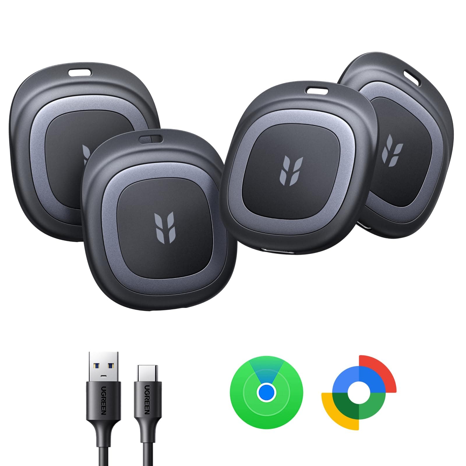 UGREEN FineTrack Duo 2 Tracker iOS e Android Ricarica USB C 4 Pezzi | 12 Mesi di Autonomia, Ricarica USB-C, IP68, 110 dB, Compatibile con Android, per Chiavi, Bagagli e Altro