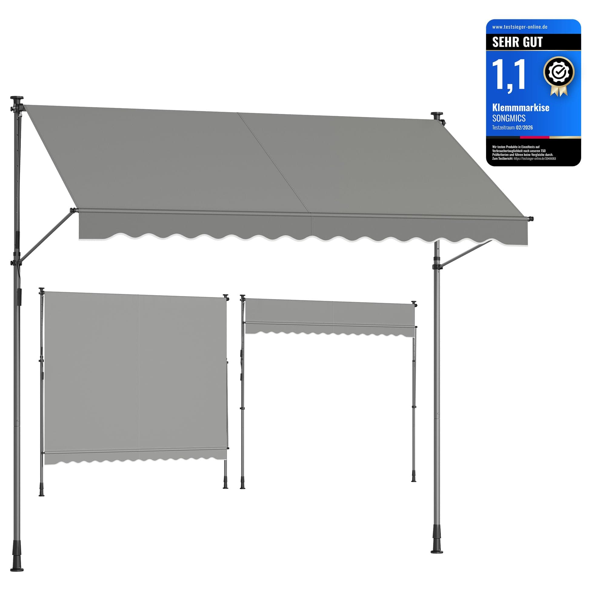 SONGMICS Klemmmarkise, Balkonmarkise, höhenverstellbar, mit Handkurbel, Sonnenschutz, für Balkon, Terrasse, Garten, 300 x 120 cm, grau GSA302G01