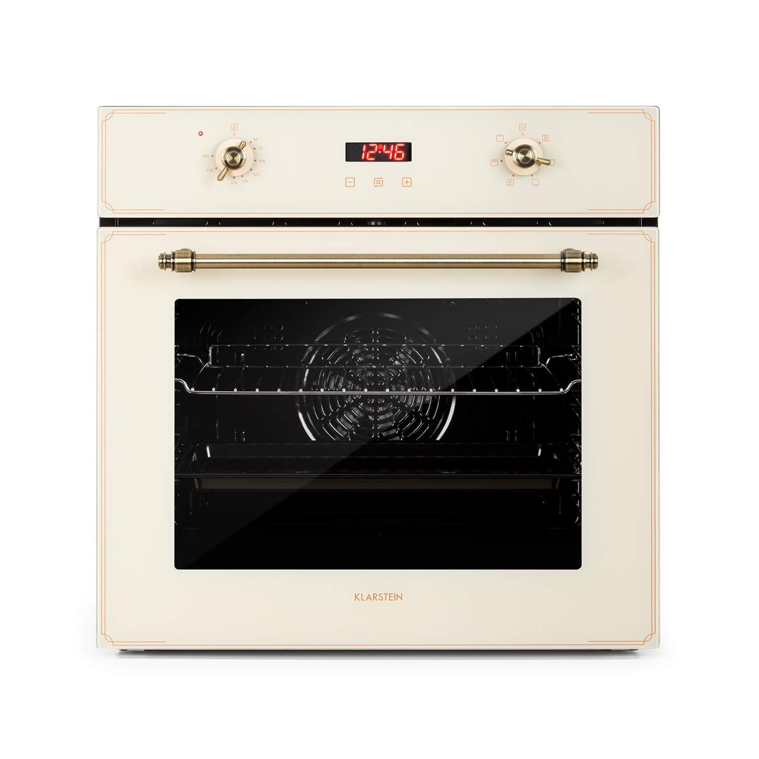 KLARSTEIN Elizabeth - Four électrique encastrable, style rétro, 70L, CEE A, indépendant, convection/chaleur voûte/sole/gril, 2200W, 50-250 °C, bouton rotatif et poignée aspect laiton - crème