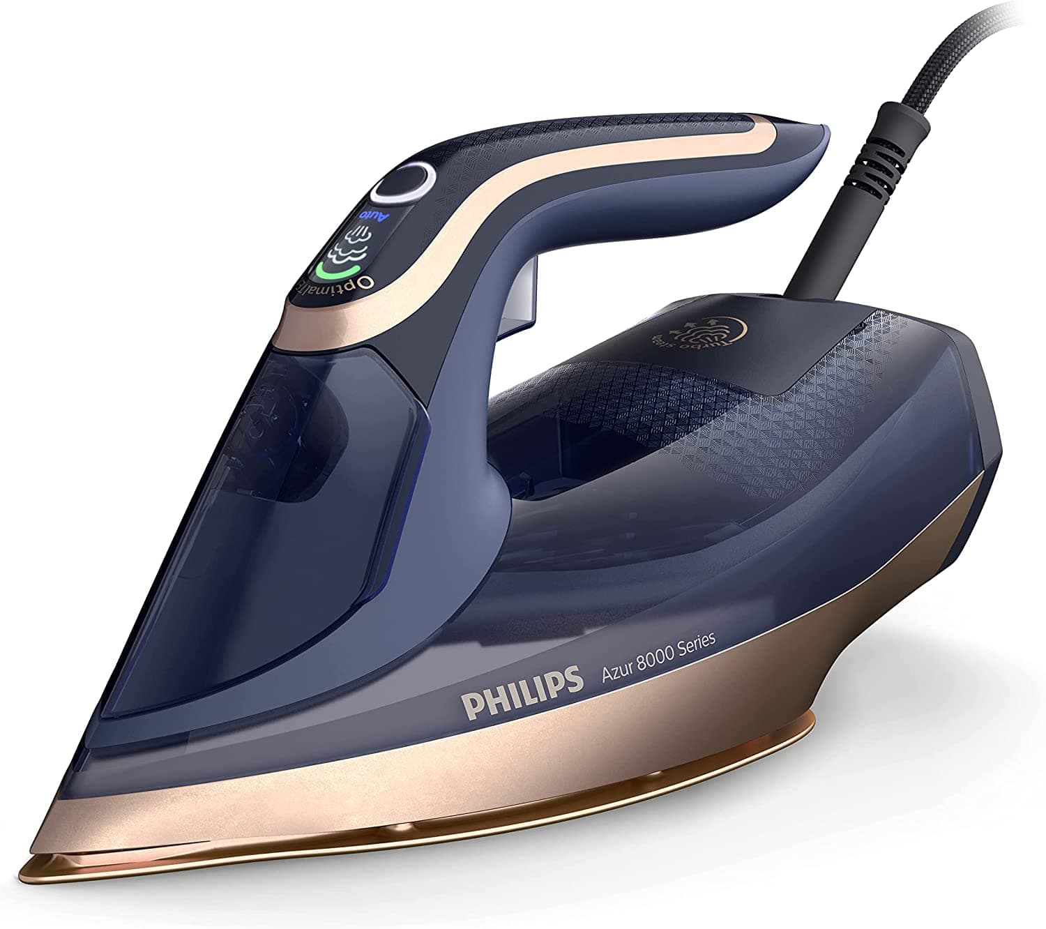 Philips Ferro da Stiro a Vapore Serie Azur 8000, 3000 W, Vapore Continuo 85 g/min, Colpo di Vapore 260 g, Tecnologia OptimalTEMP, Piastra SteamGlide Elite, Blu Scuro (DST8050/20)