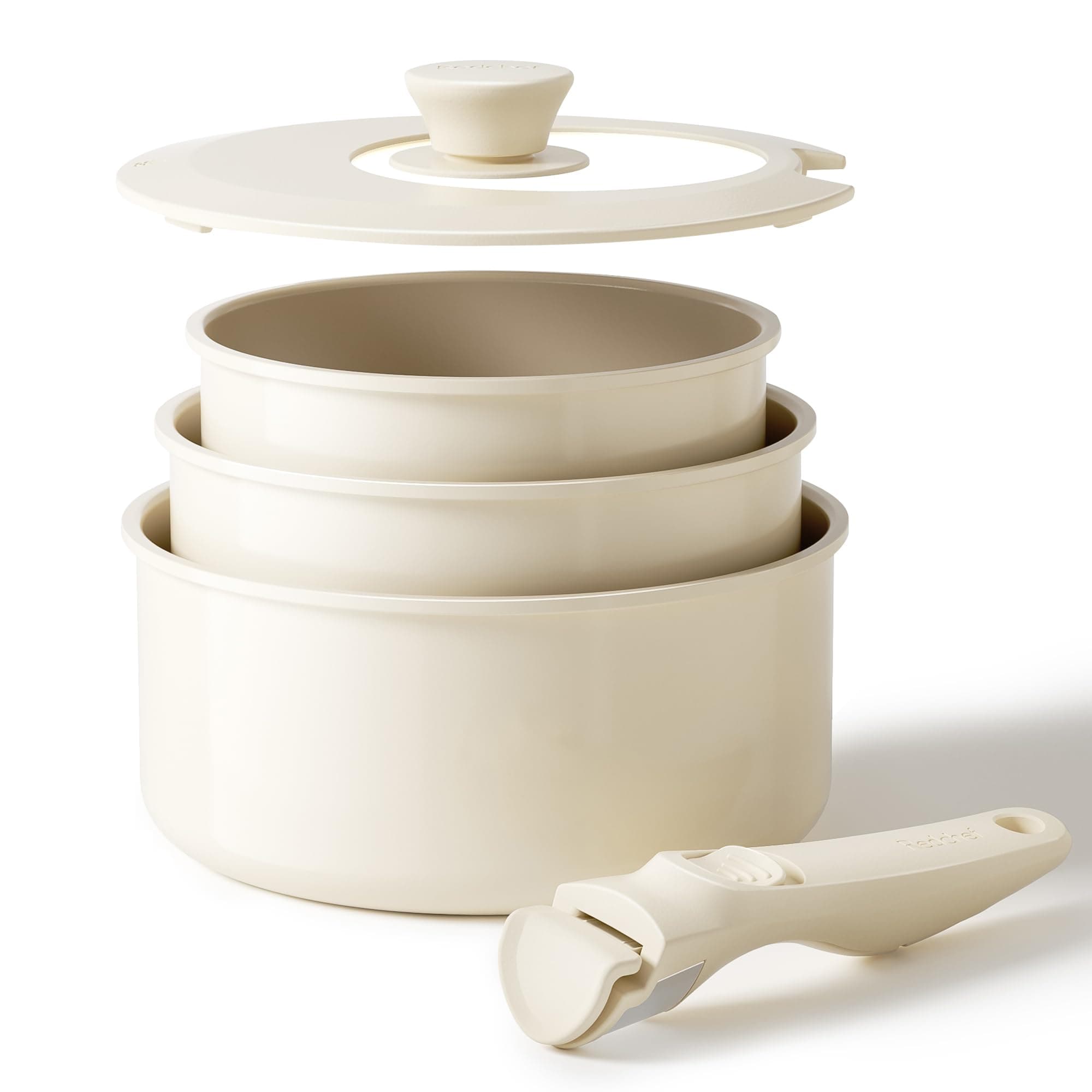 Redchef Set de Casseroles en Céramique, Lot 3 Poignées Amovibles, Anti-adhésives 16/18/20 cm, Casserole Induction, Couvercle 3 EN 1, Passe au four, sans PFOA, Tous feux dont induction (Beige)