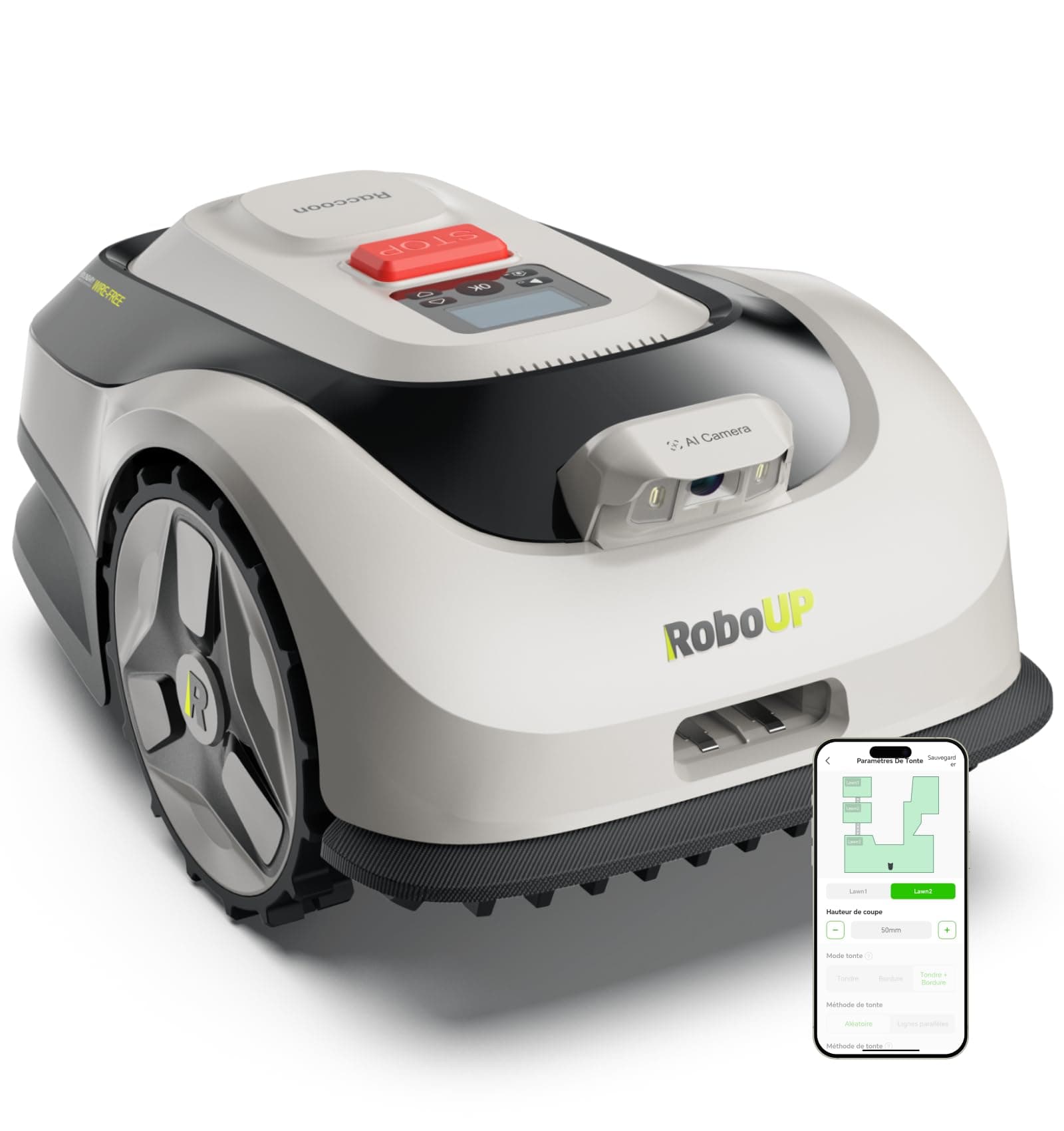 RoboUP Raccoon 2 SE Robot Tondeuse-600m², Robot Tondeuse Intelligent sans RTK, Prêt à l'emploi, Tonte Parallèle de Carte Complète, 5Ah Recharge Rapide & 150mins Autonomie Longue, Tonte Efficace
