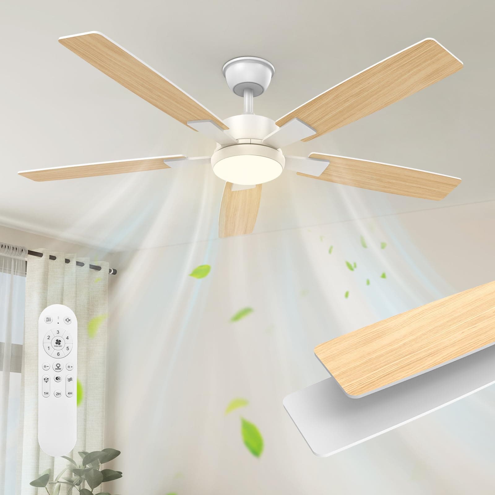 Mefine 2 Colores Aspas Reversibles Ventilador de Techo con Luz Silencioso, 132cm Regulable Lampara Ventilador Techo Grande con Mando y Motor DC Reversible para Salon Dormitorio Exterior Terraza