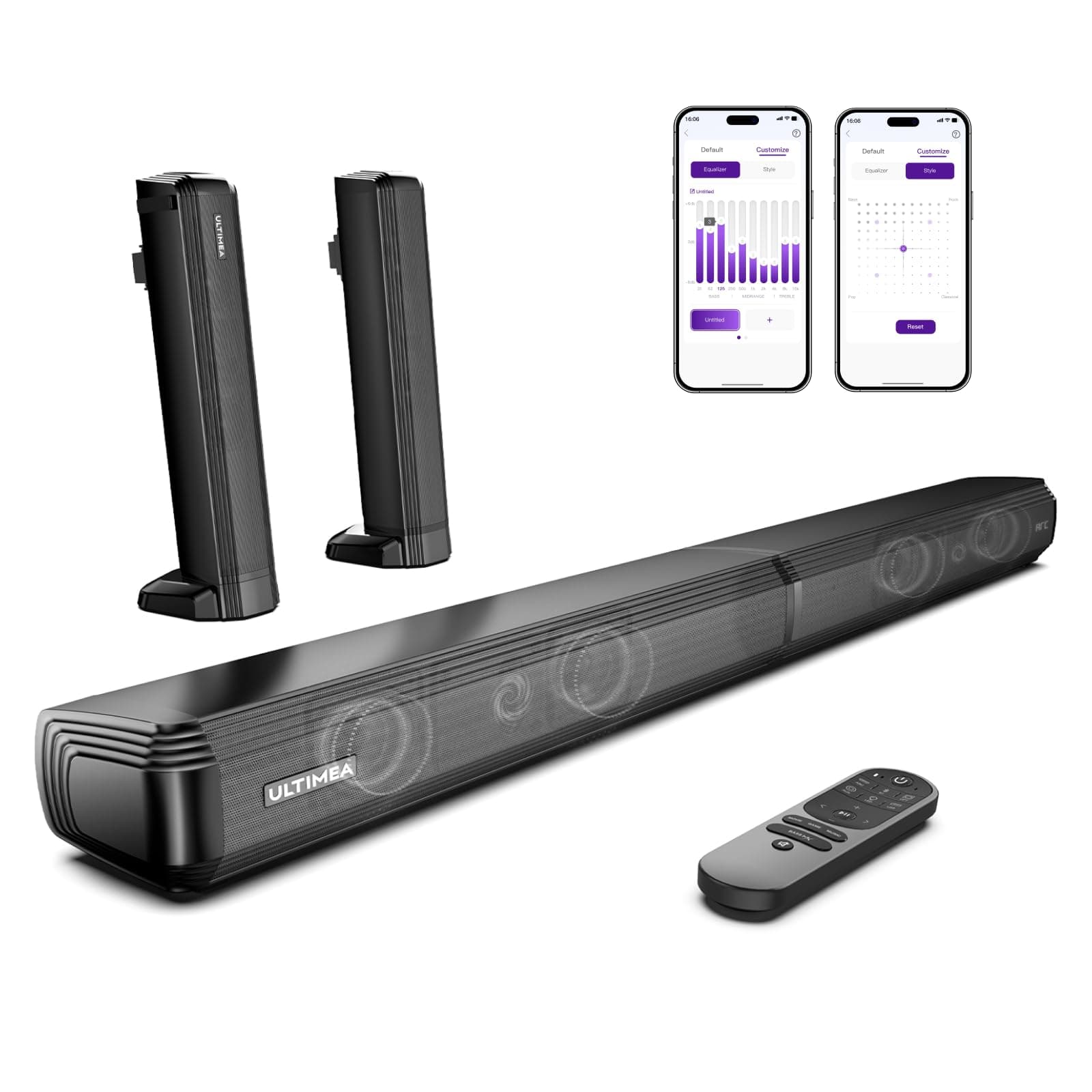 ULTIMEA Barres de Son TV, 2,2 Canaux Barre de Son 2-en-1 Détachable, Bluetooth 5.3 Enceinte pour TV avec Basses Réglables, 3 EQ Mode, Arc/Optique/Aux, Montage Mural, Modèle 2025, Apollo S40 Pro