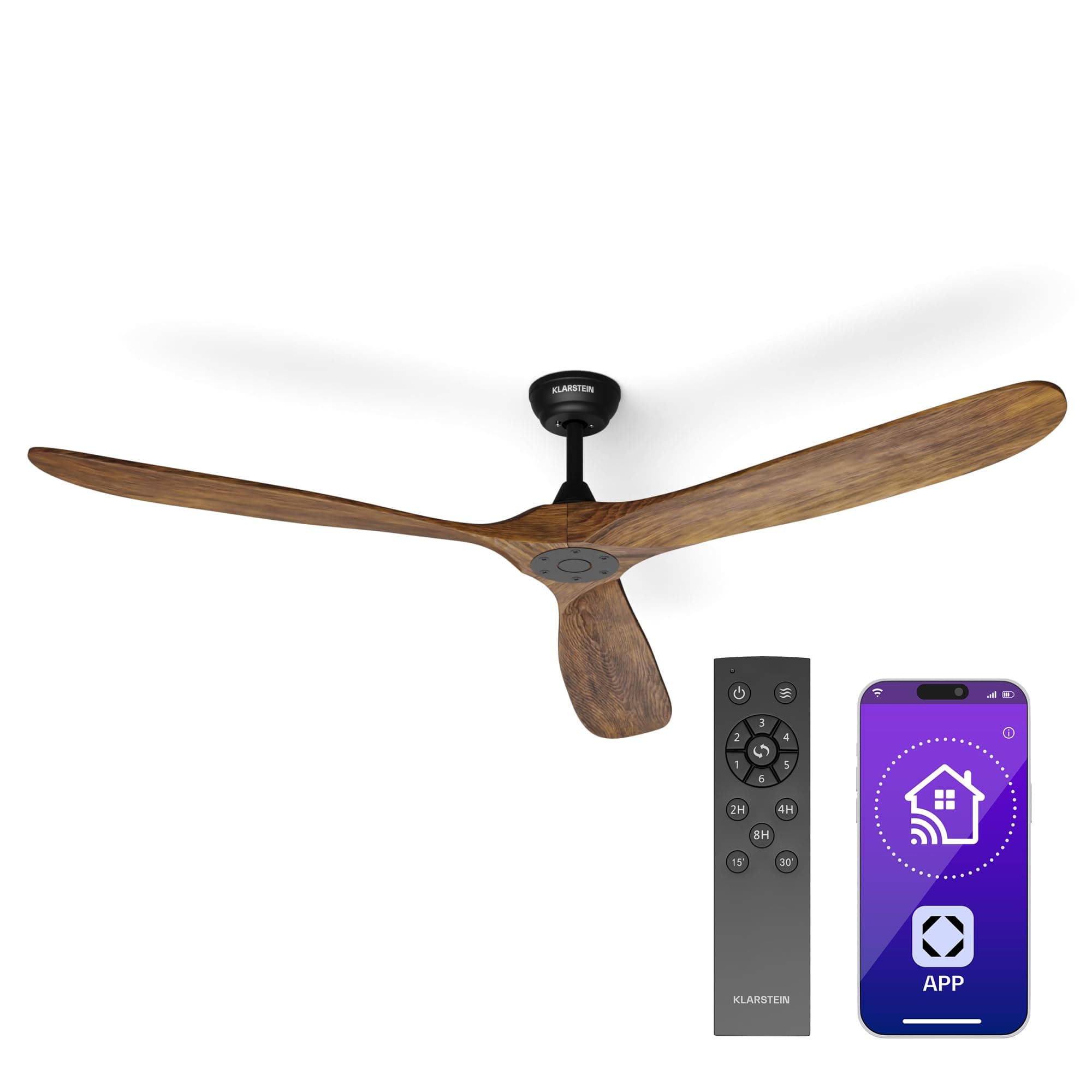 KLARSTEIN Ventilateur Plafond Bois Silencieux avec Télécommande, Ventilateur Plafond Smart 178 cm, 6 Vitesses, Fonction Été/Hiver, IoT Connecté, Économe en Énergie, Pour Pièces Jusqu'à 35 m², Noyer