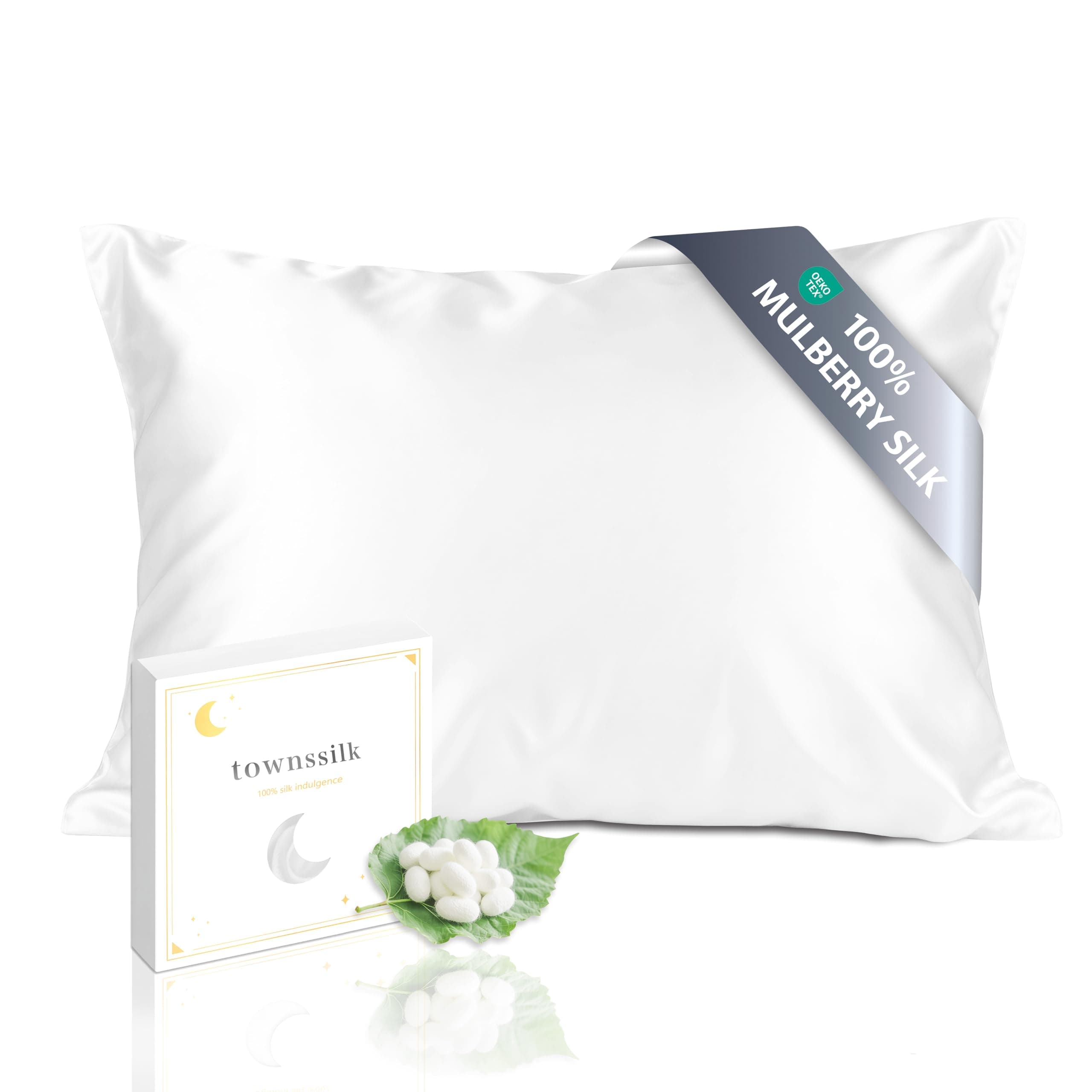 townssilk Funda de almohada reversible de 100 % seda de morera pura de 19 mommes, para la salud del cabello y la piel, 40 x 70 cm, con cremallera oculta, 600 hilos, blanco