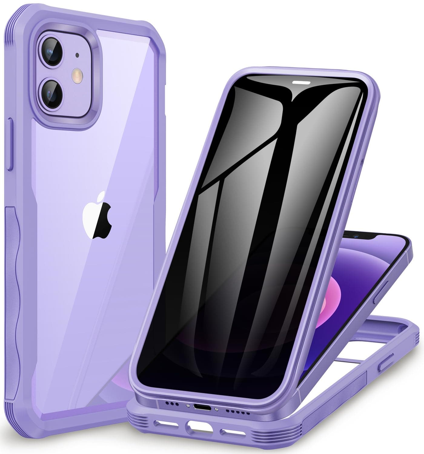CENHUFO Antiespia Funda iPhone 12/iPhone 12 Pro, con Protector Pantalla Cristal Templado Antiespias, 360 Grados Antigolpes Privacidad Doble Capa Transparente Carcasa para iPhone 12/12 Pro -Morado