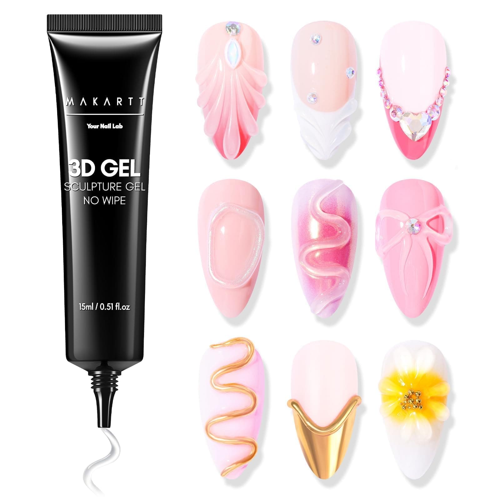 Makartt Gel 3D Nail Art - 3 en 1 Rhinestone Glue Gel pour Ongle & Colle à Ongles Sculpting Gel Polish pour Nail Charms Design dans la salon DIY at Maison Transparent UV LED 15ml