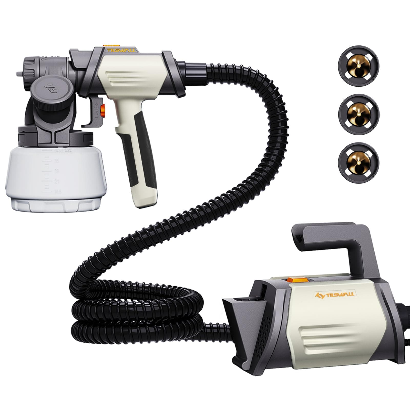 Tilswall Pistolet a Peinture, Shark800 HVLP Pistolet a Peinture Electrique avec 4 Buses en Cuivre et 3 Motifs, Accessoires de Nettoyage, réservoir de 1300 ML, 120 DIN-s Pulvérisateurs de Peinture