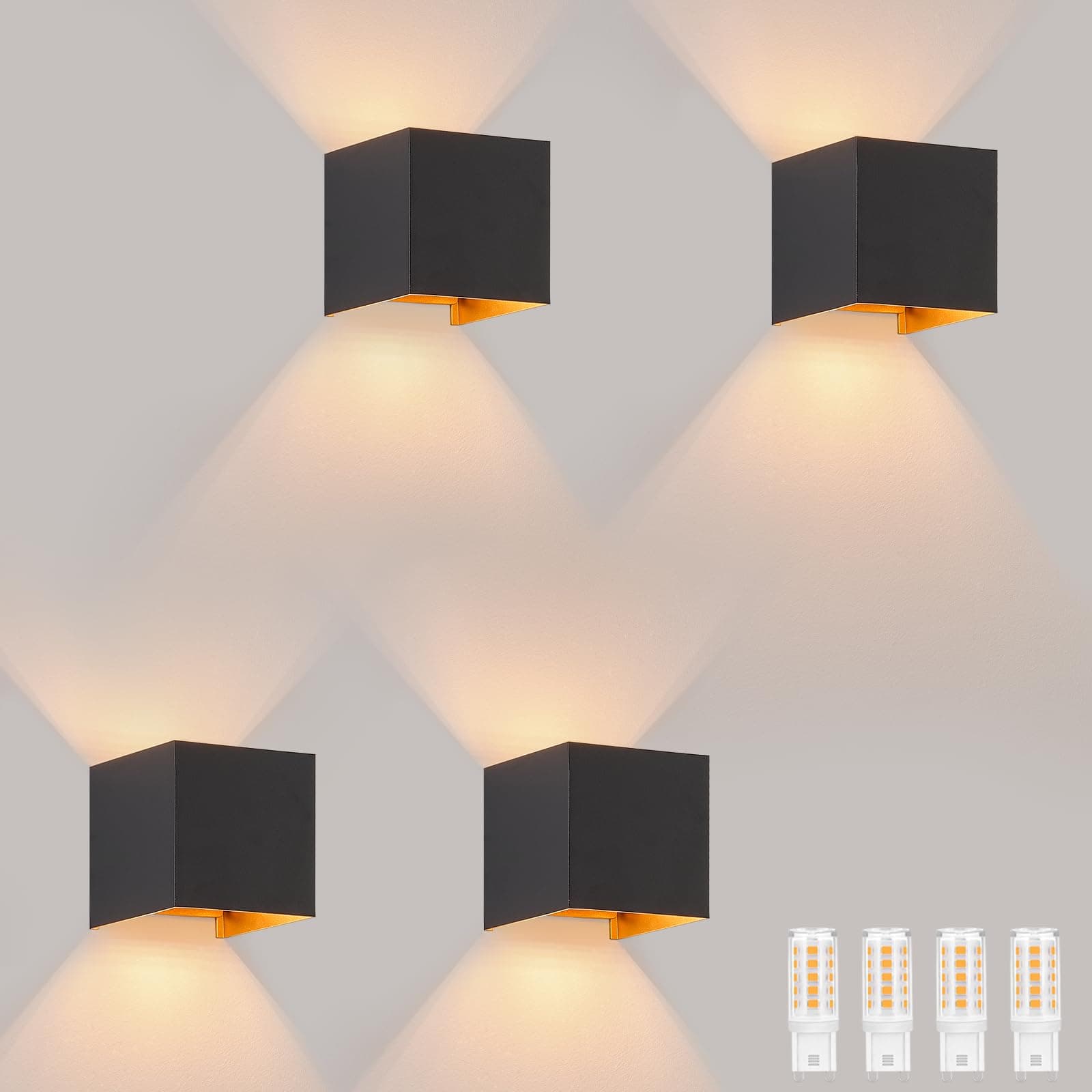 Homefire 4 Lámpara de pared LED negra - exterior LED (arriba y abajo) IP65 a prueba de agua, foco ajustable de luz blanca cálida G9, aplique de pared negro y dorado para pasillo jardín terraza entrada