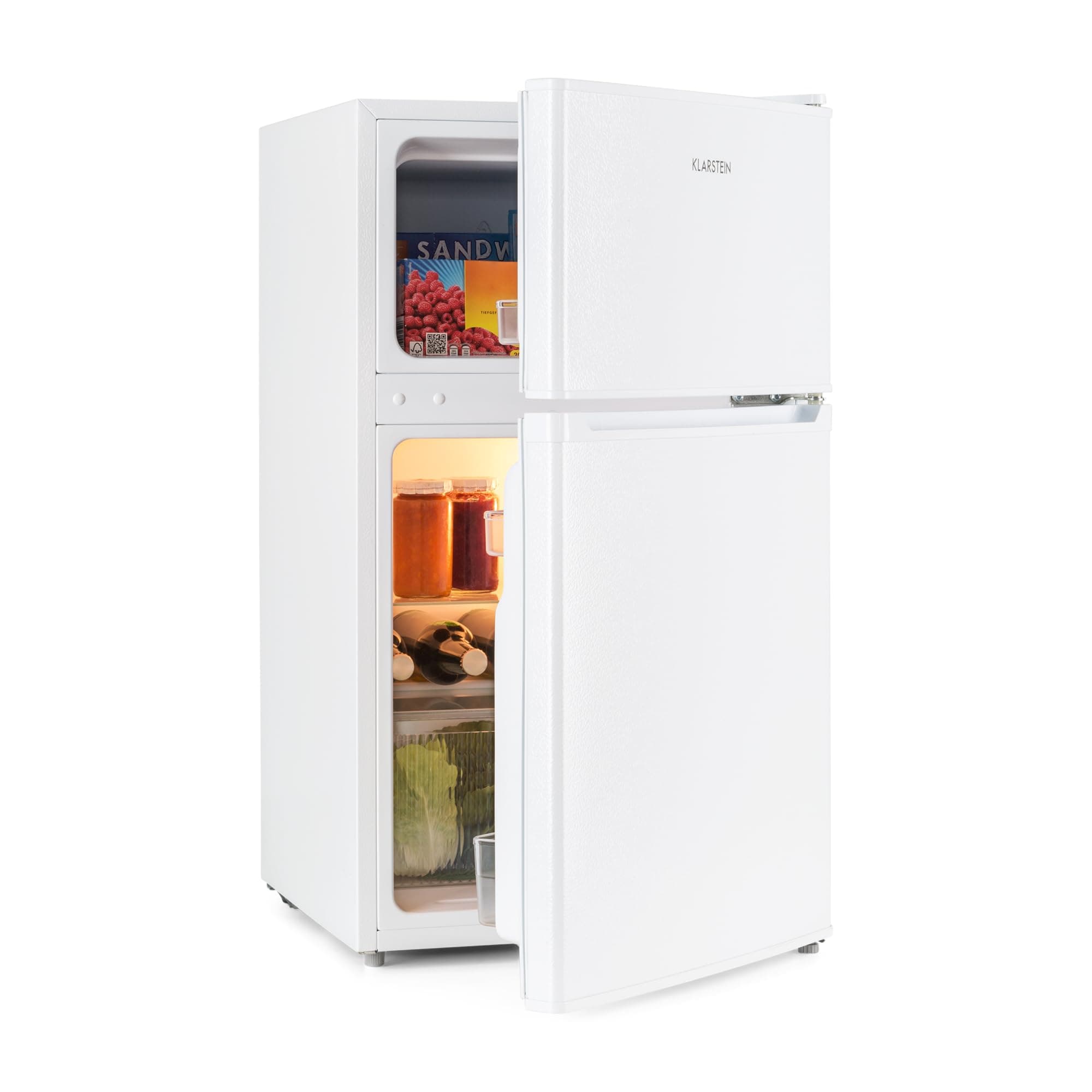 KLARSTEIN Big Daddy Cool - Frigo réfrigérateur, réfrigérateur combiné, Compartiment bouteilles, Bac légumes, Eclairage intérieur, Look moderne, Nettoyage facile, Pieds réglables, 83L - Blanc