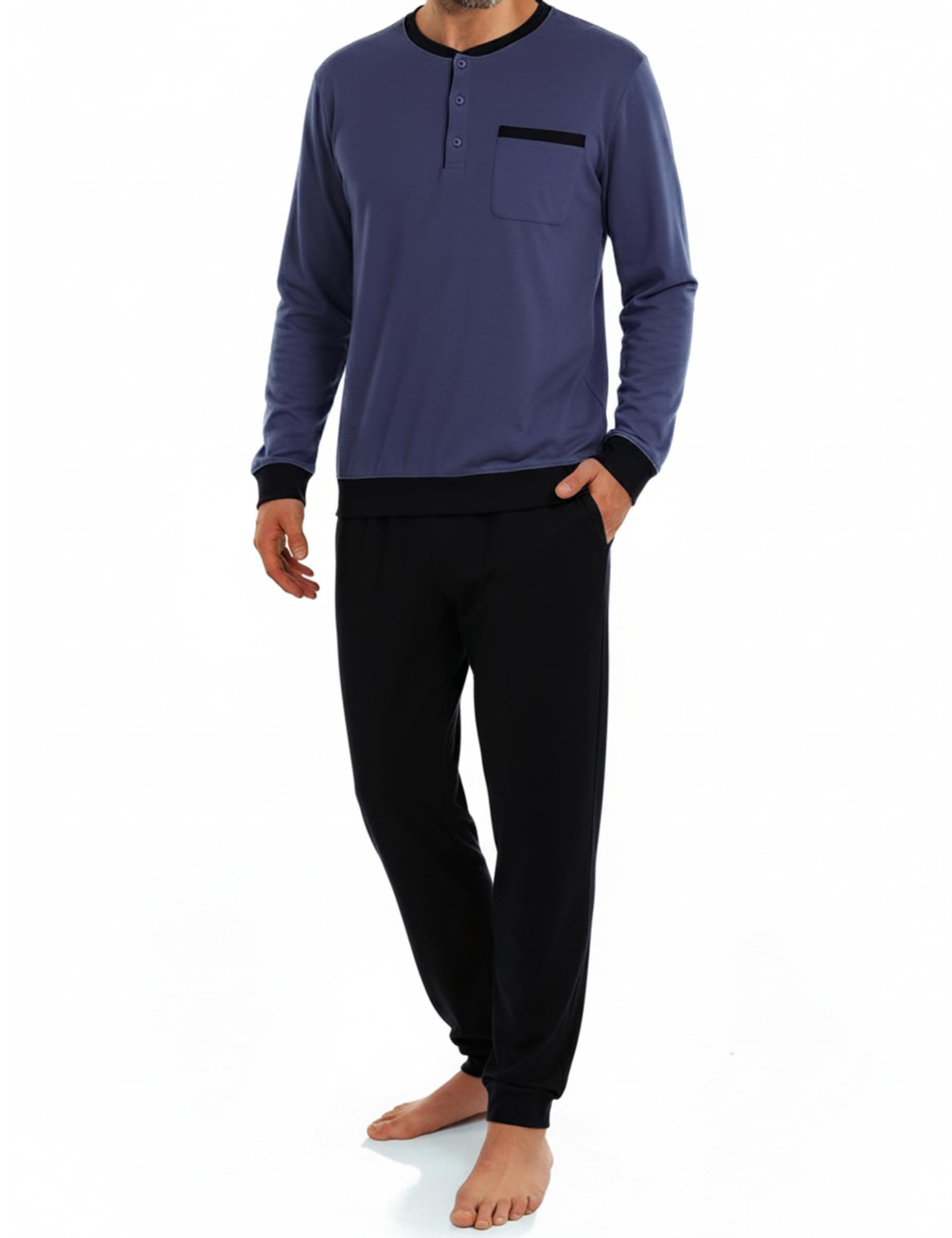 Bresdk Pigiama Uomo Invernale in Cotone Lungo a Maniche Lunghe e Pantaloni Pigiami Due Pezzi da Uomo con Tasche S-3XL
