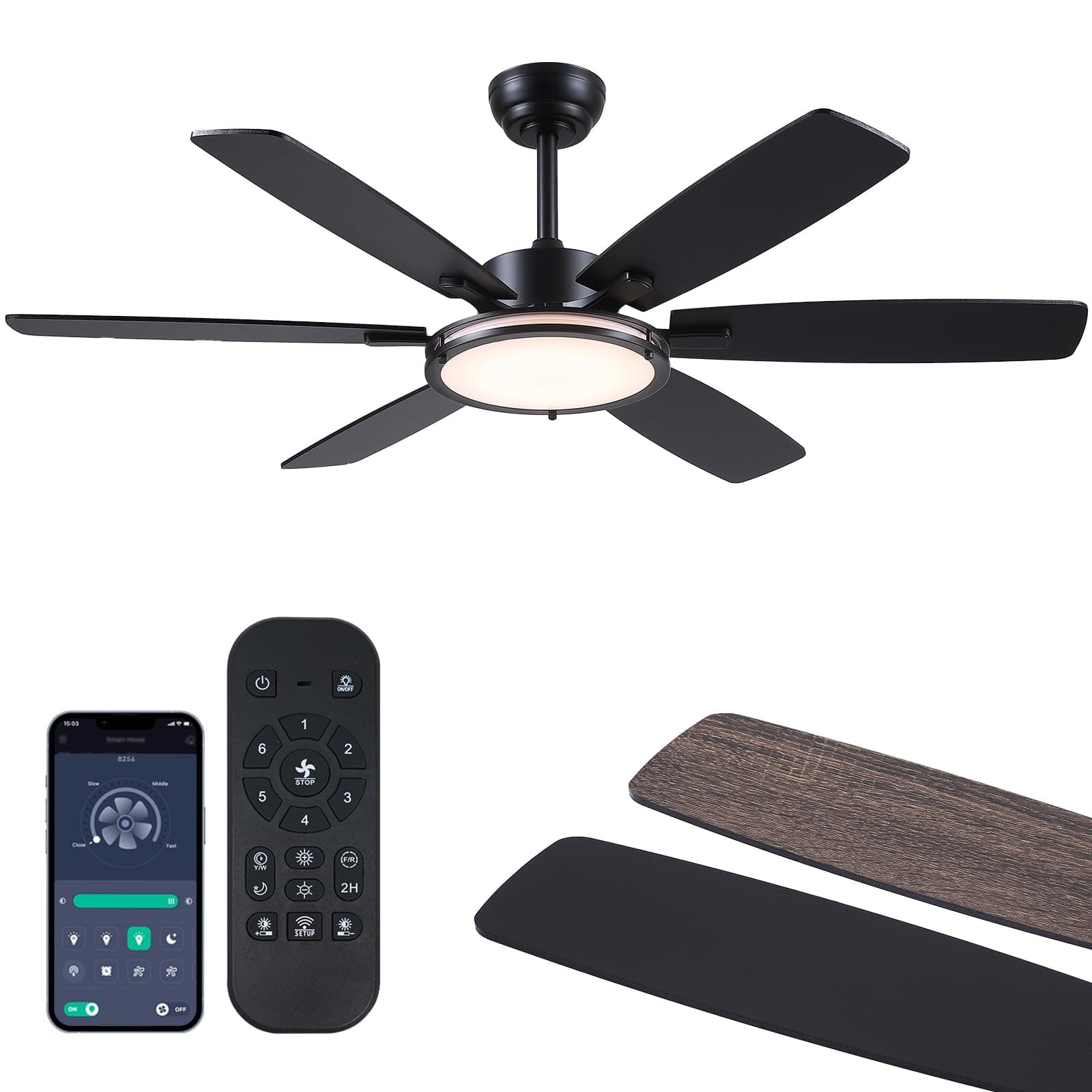 Kviflon Ventilateur de Plafond avec Lumière 132 cm, Moteur DC Silencieux et Économe, Télécommande & Contrôle par App, 6 Vitesses, LED Dimmable, 3 Pales ABS, Design Moderne Noir pour Chambre et Salon