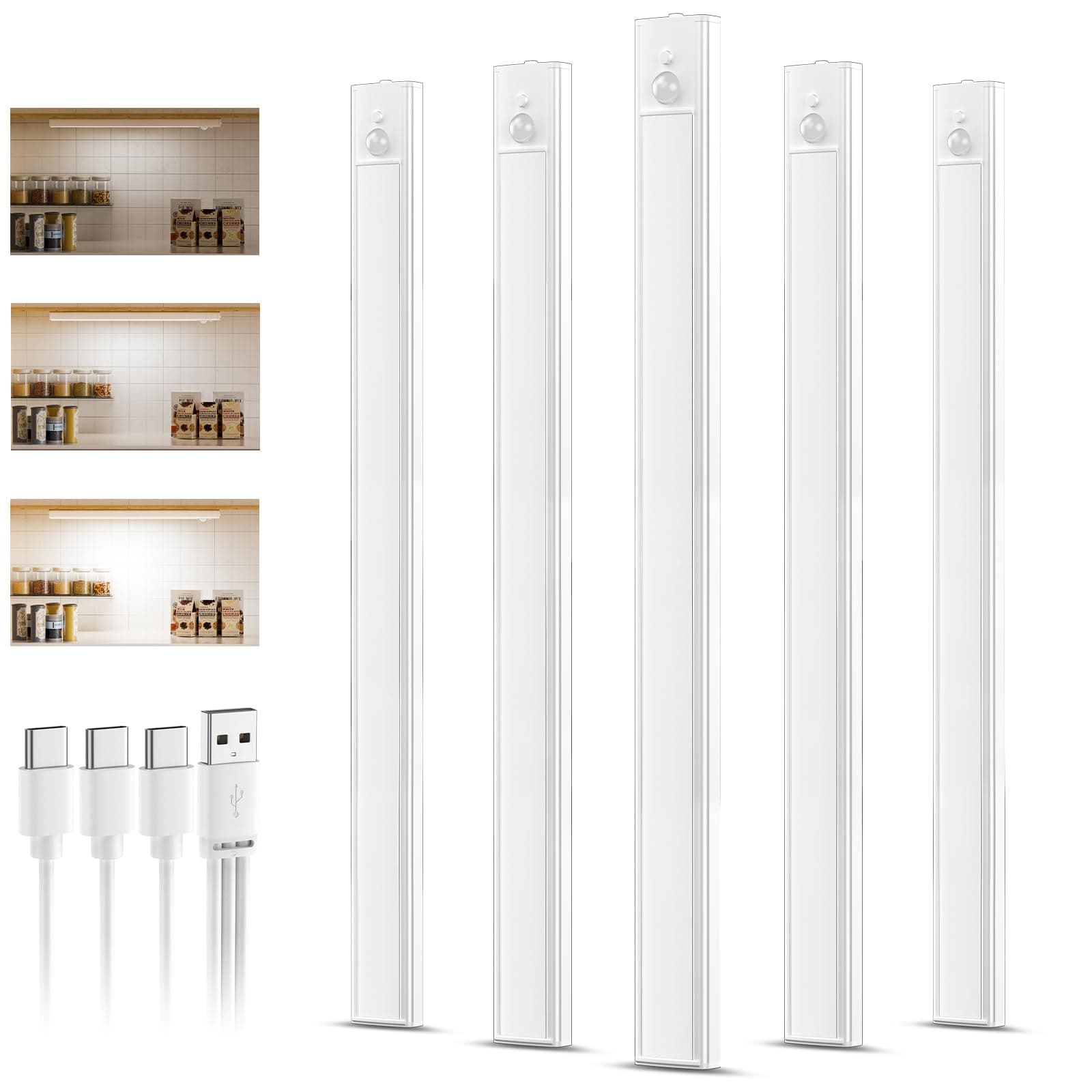 daphomeu 5 Pièce Lampe LED Rechargeable,40CM Blanc Froid Reglette led Cuisine, Lumiere Detecteur de Mouvement Interieur Sous Meuble Placard Eclairage, Intensité Variable, Installation Magnétique