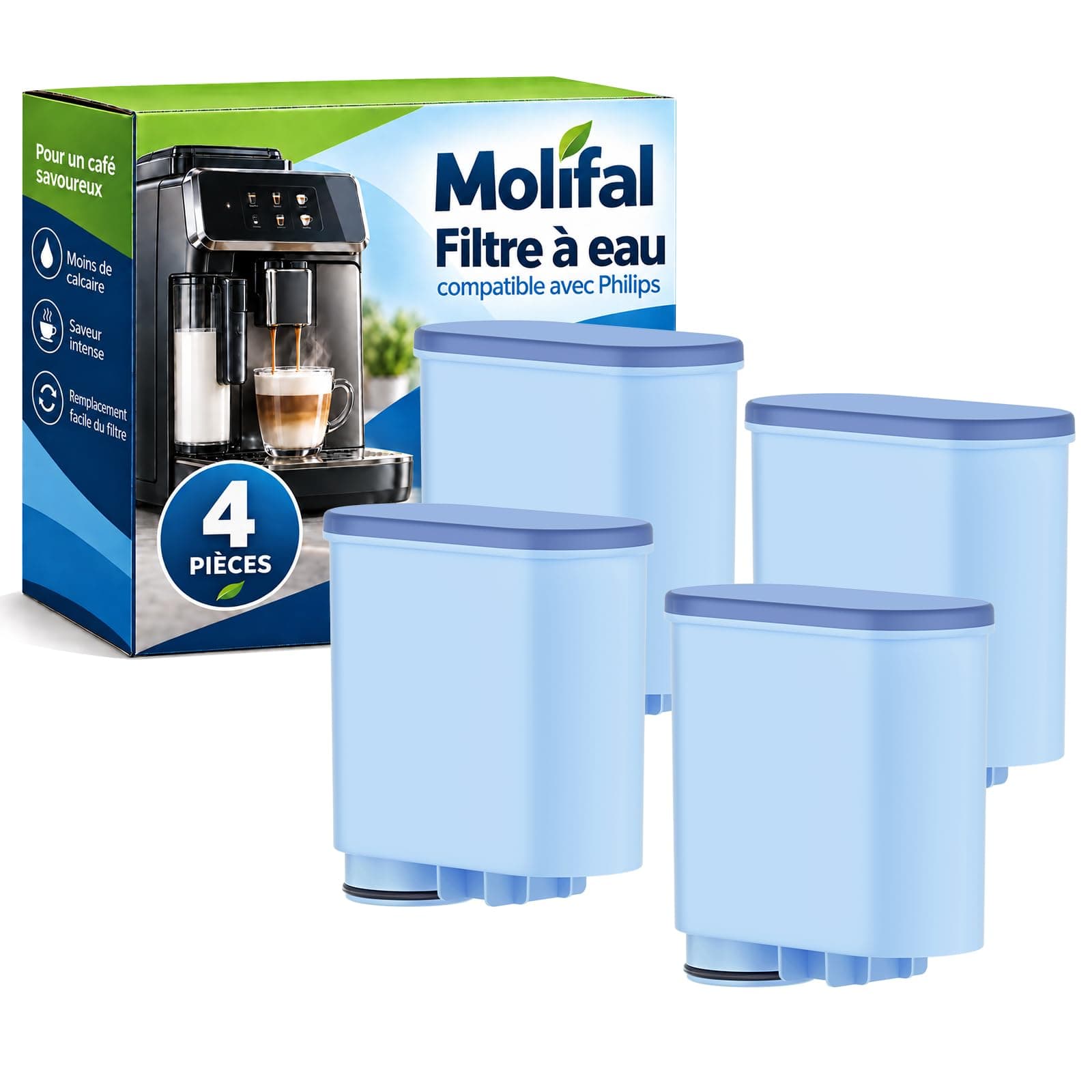 Molifal Lot de 4 filtres à eau compatibles Philips AquaClean CA6903/10/22 | Compatible avec Saeco Philips LatteGo. Sans BPA, anti-calcaire, améliore le goût