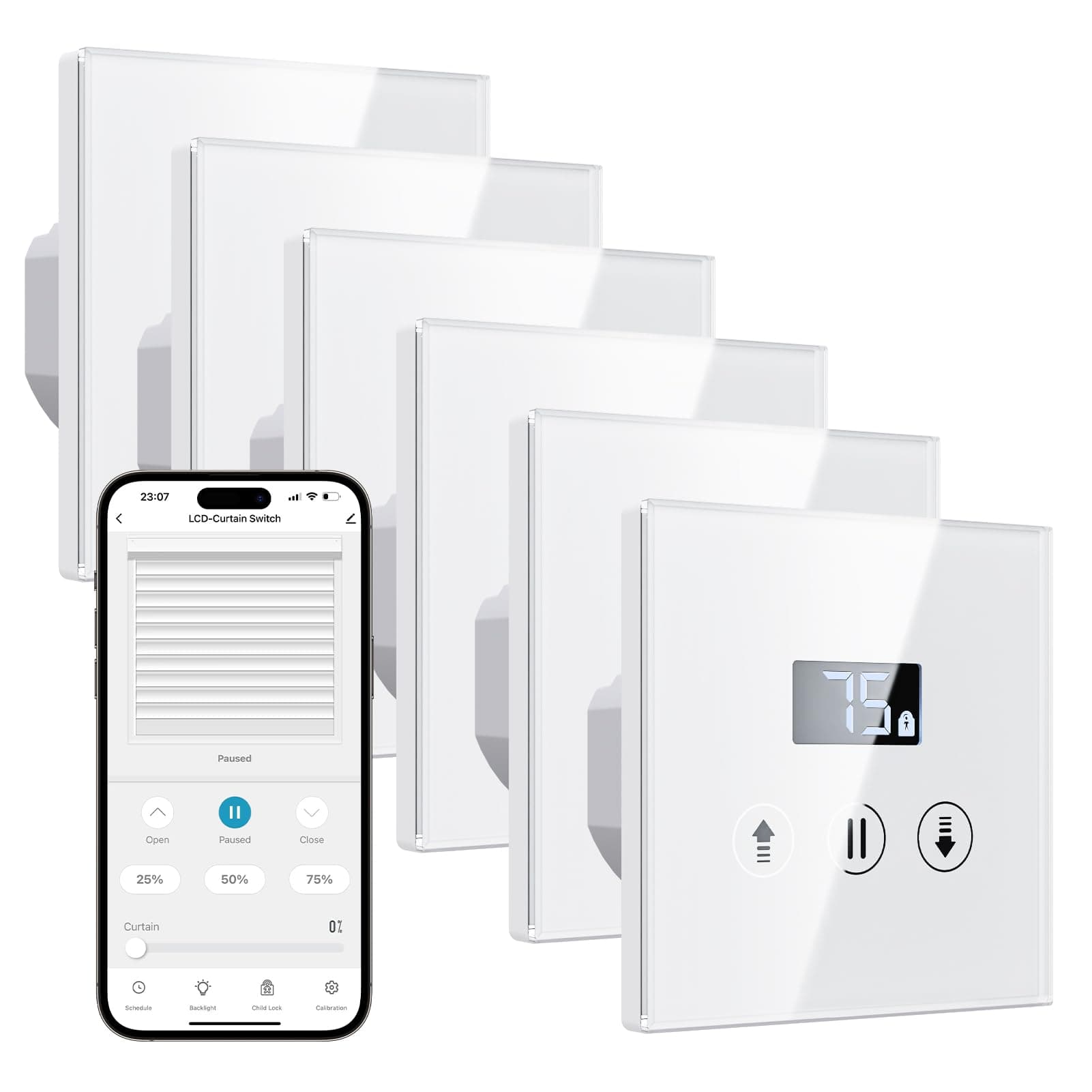 Allevoi 6 Pack Interrupteur Volet Roulant Connecté, 80x80 mm Interrupteur Intelligent Tactile Compatible avec Alexa/Google Home, Équipé un Écran LCD en Pourcentage, Facile Installation