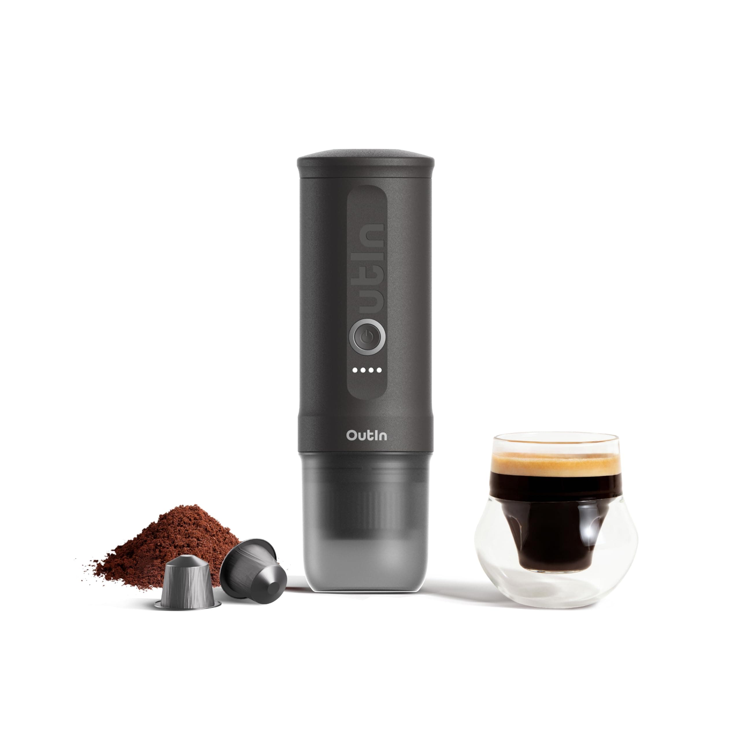 OutIn Nano Macchina da caffè espresso elettrica portatile, caffettiera da viaggio per il campeggio, caffettiera da auto auto-riscaldamento con USB-C, con caffè macinato e capsula NS