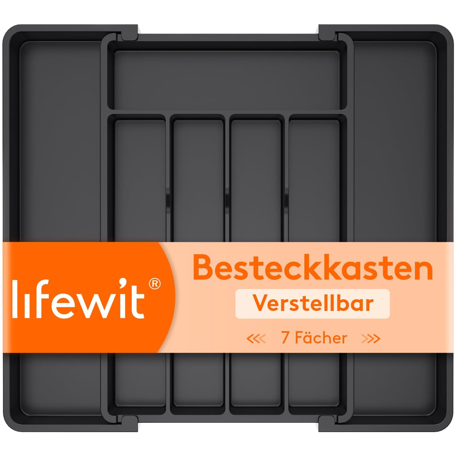 Lifewit Besteckkasten für Schubladen 40 50, verstellbarer Kunststoff Organizer Küche Tiefe 35 cm, Besteckeinsatz 5-7 Fächer, erweiterbar bis 41 cm, für Löffel, Gabeln und Geschirr, Schwarz