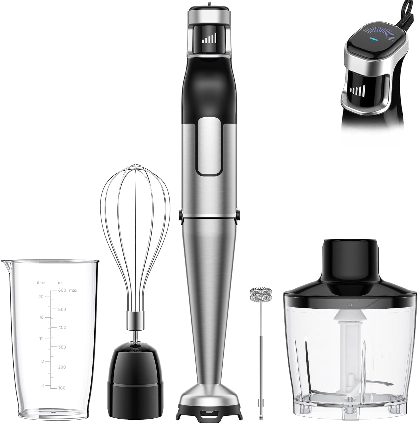 BESROY Mixeur Plongeant 5 en 1, 1100W, Vitesse Progressive, Lames Inox & Protection Anti-rayures, Hachoir Électrique, Fouet, Mousseur à Lait, Verre Doseur, pour Soupe, Smoothie, Purée