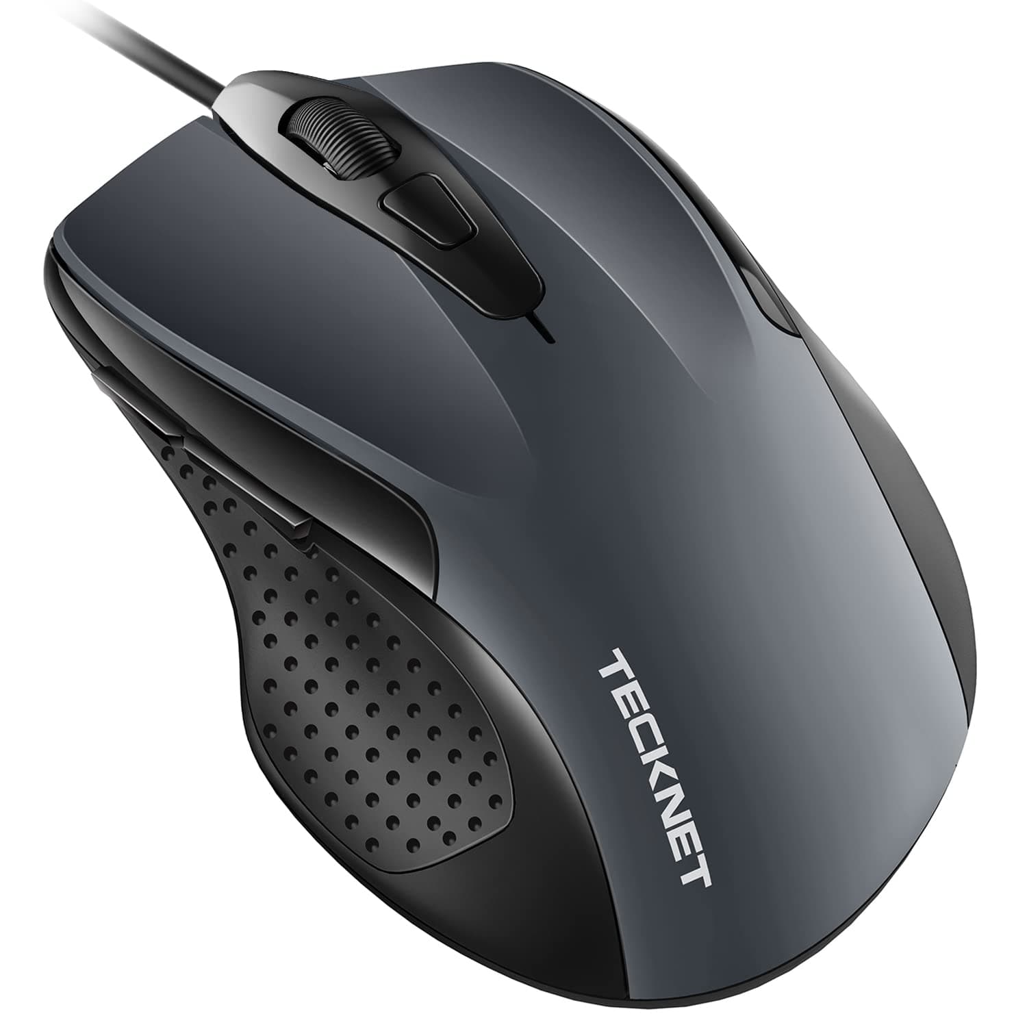 TECKNET Silenciosos Ratón con Cable USB de 1,5 m, 6 Botones, hasta 6400DPI, Superficie Antihuellas para Computadora Portátil, PC, Computadora(Gris)