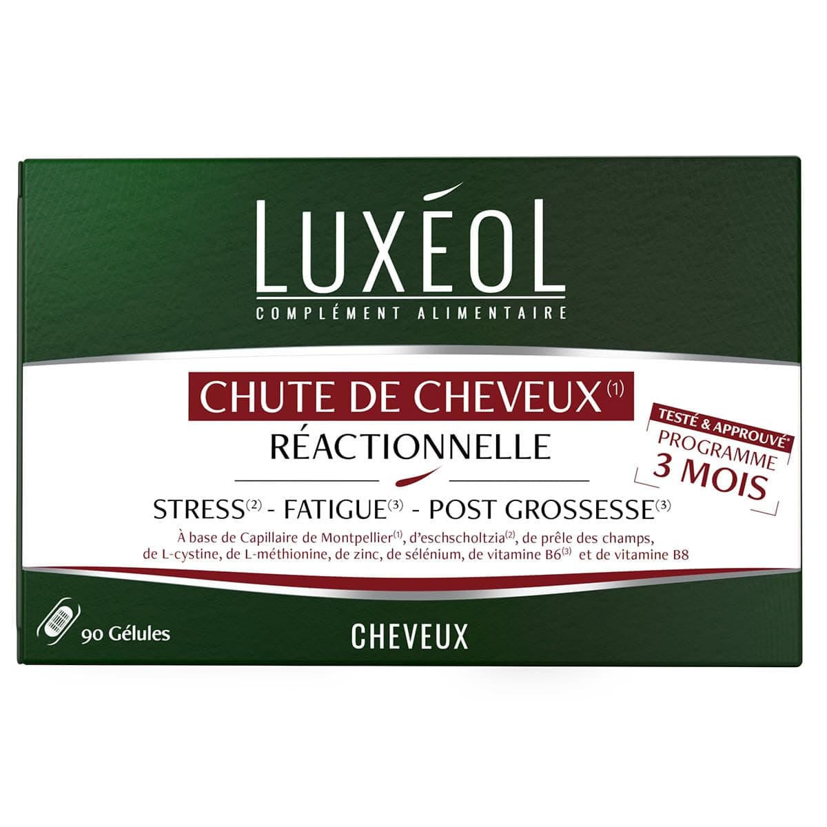 LUXÉOL - Chute De Cheveux Réactionnelle - Aide À Prévenir Chute De Cheveux Passagère - Stress, Fatigue, Post-Grossesse - Capillaire De Montpellier - Fabriqué En France - Programme 3 Mois - 90 Gélules