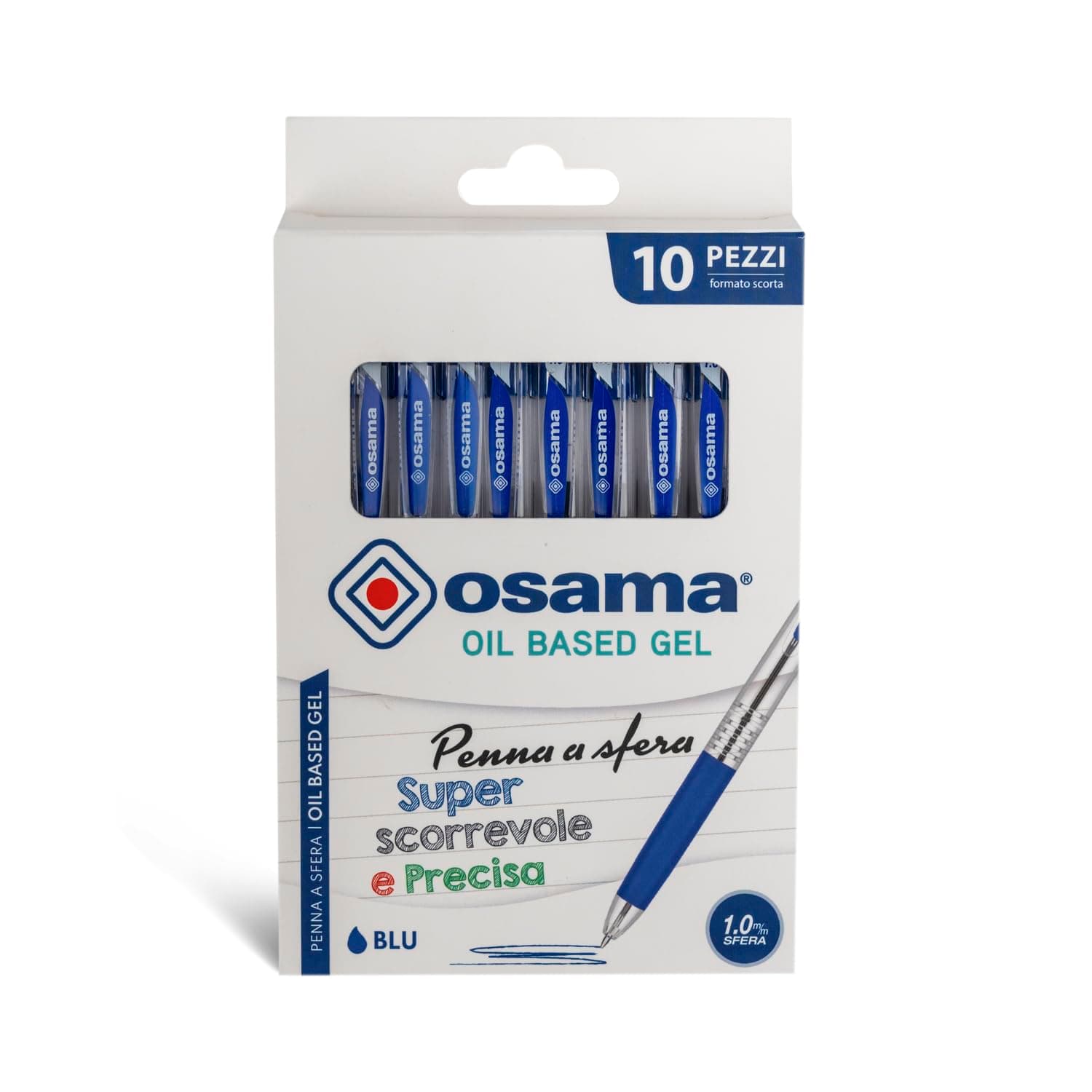 OSAMA - Penne Gel Blu con Inchiostro OBG, Set 10 Pezzi Colorate - Penna Gel Superscorrevole e Precisa a Scatto - Penna a Sfera 1.0 mm Ideale per Cancelleria Scuola, Ufficio, Università e Cartoleria