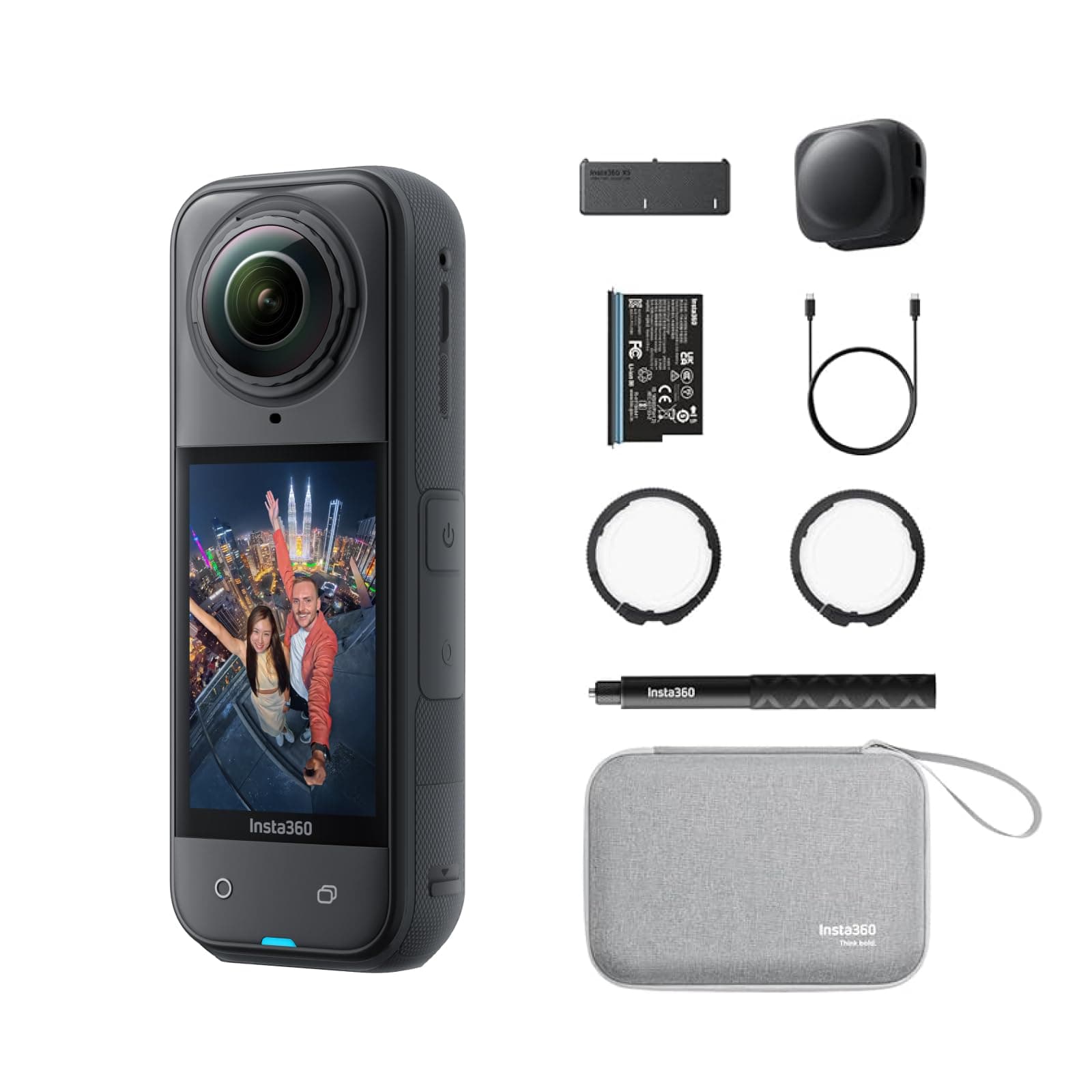 Insta360 X5 Pack Essentiels Noir - caméra 360 8K étanche, Basse lumière de Pointe, Perche à Selfie Invisible, objectifs Robustes et remplaçables, 3h d'autonomie, Pare-Vent intégré