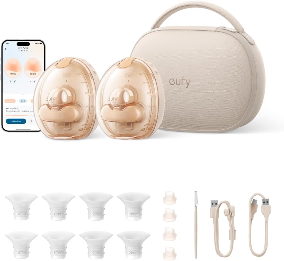 eufy S2 Pro tire-lait électrique mains libres avec massage chauffant | HeatFlow, double étanchéité, lumière, rythme personnalisé, étui de charge sans fil, 7 j d'autonomie, application, 200 mmHg