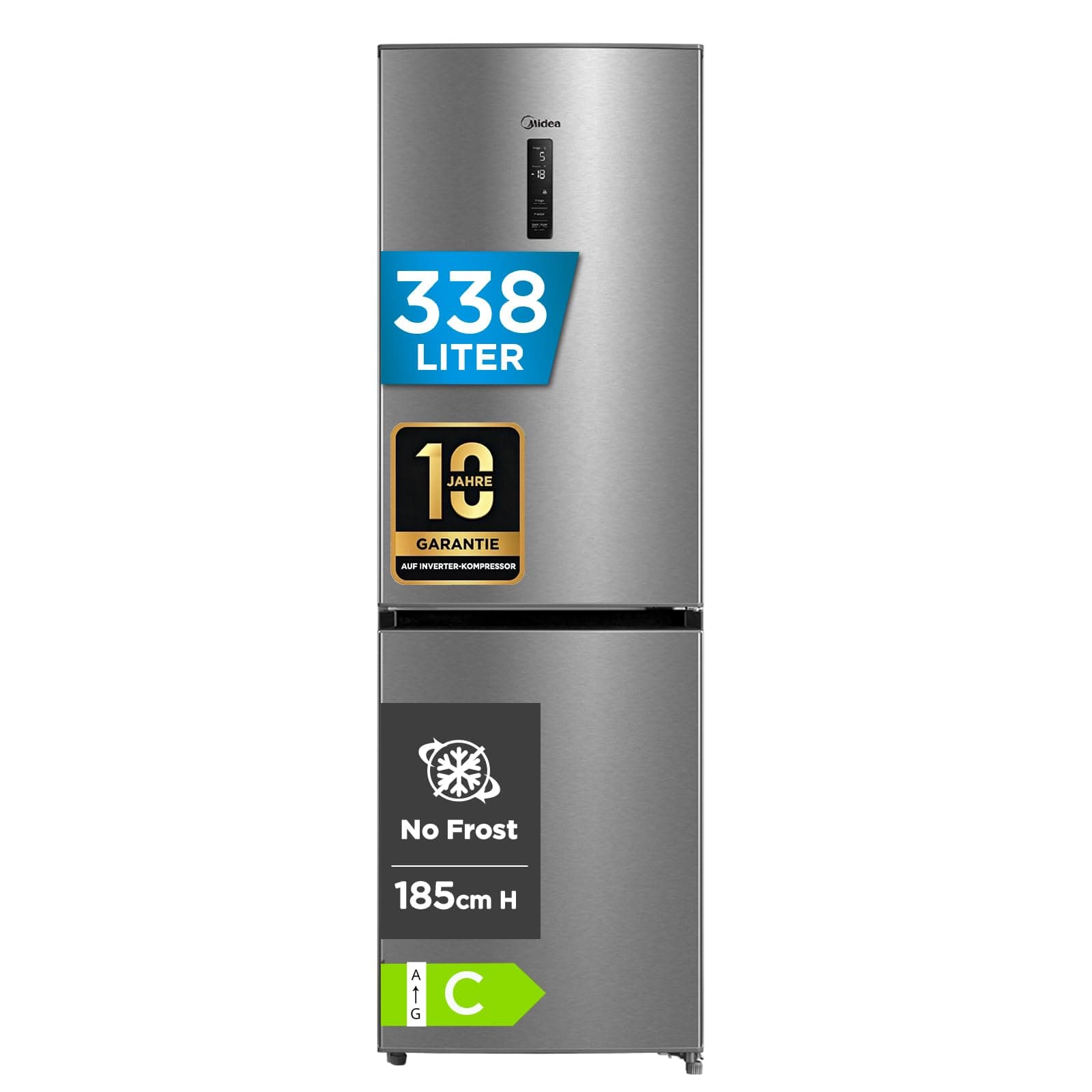 Midea MERB345MGC02 Kühl-/Gefrierkombination/No Frost/185 cm hoch / 59,5 cm breit /70 cm tiefe/171 kWh/Jahr/216 L Kühlteil/ 122 L Gefrierteil/Twin Control/mit Chiller Box, Front Inox