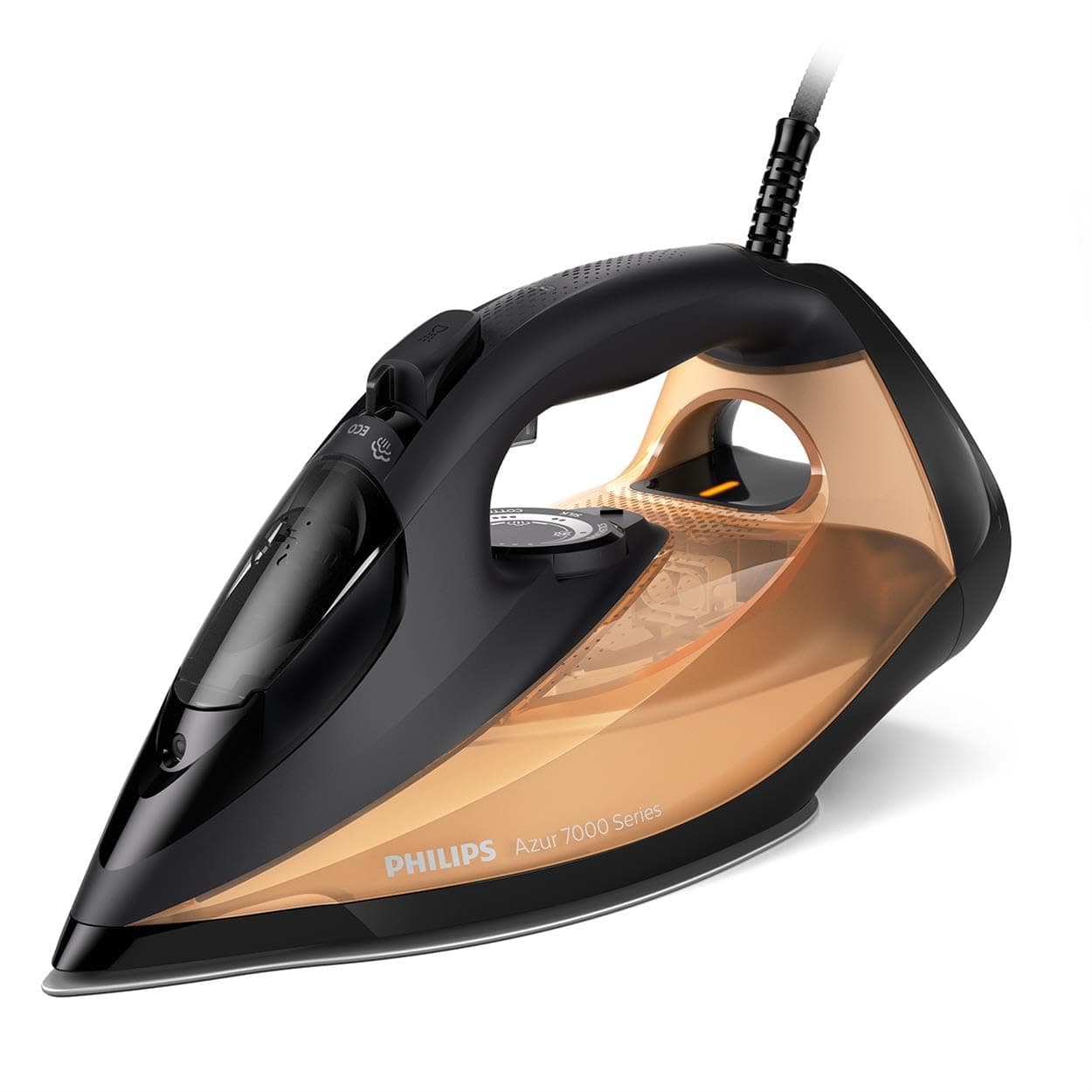Philips Azur 7000 Series Plancha de vapor - 2800W, 50g/min Vapor Continuo, 250g de golpe de vapor, Vapor Vertical, Suela SteamGlide Elite, Negro/Dorado (DST7040/80)