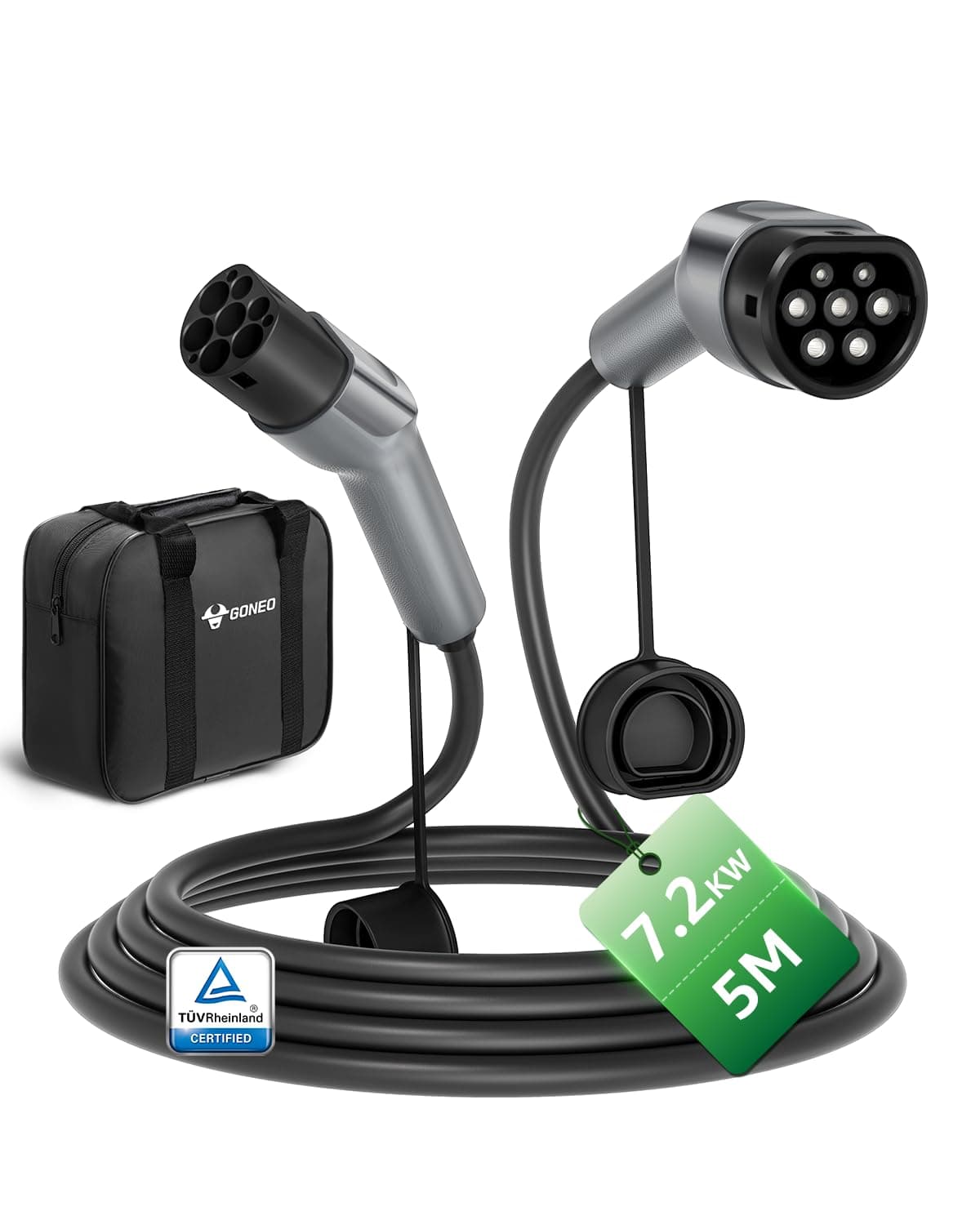GONEO Cable de Carga Tipo 2 7,2kW 32A 5M, Modo 3 Cable Carga para Coche Eléctrico con Bolsa,IP54 Impermeable,Compatible con Tesla,Kia,BYD,Renault,MG,Volkswagen,etc