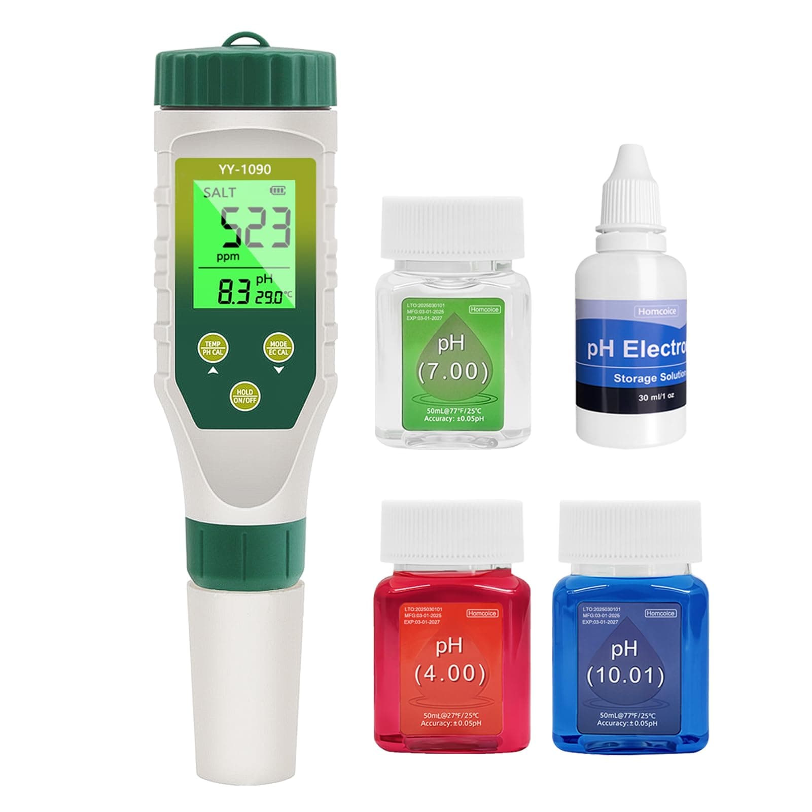 Homcoice Medidor PH 5 en 1, PH EC TDS Salinidad Temperatura Meter con Innovadora Pantalla Simultánea Tres Datos, IP67 Impermeable Tester Salinidad PH para Piscina, Agua Potable, Acuarios, Hidrofonía