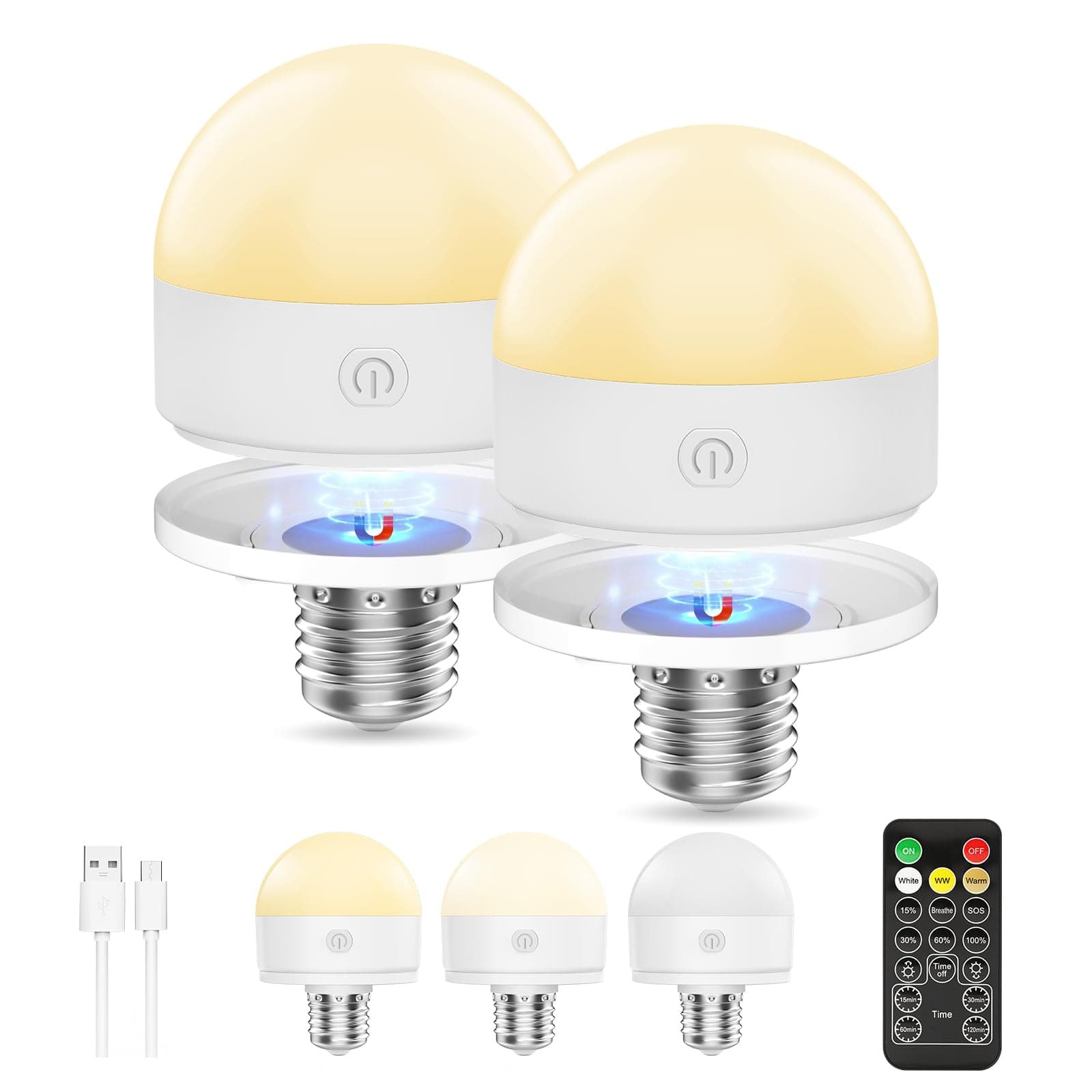 Suright 2 Pack Bombilla Recargable USB Con Mando a Distancia, Bombilla LED E27 3 Color Regulable con Batería, Luz Led Recargable con Temporizador, Extraíble para Iluminación para Decoración del Hogar