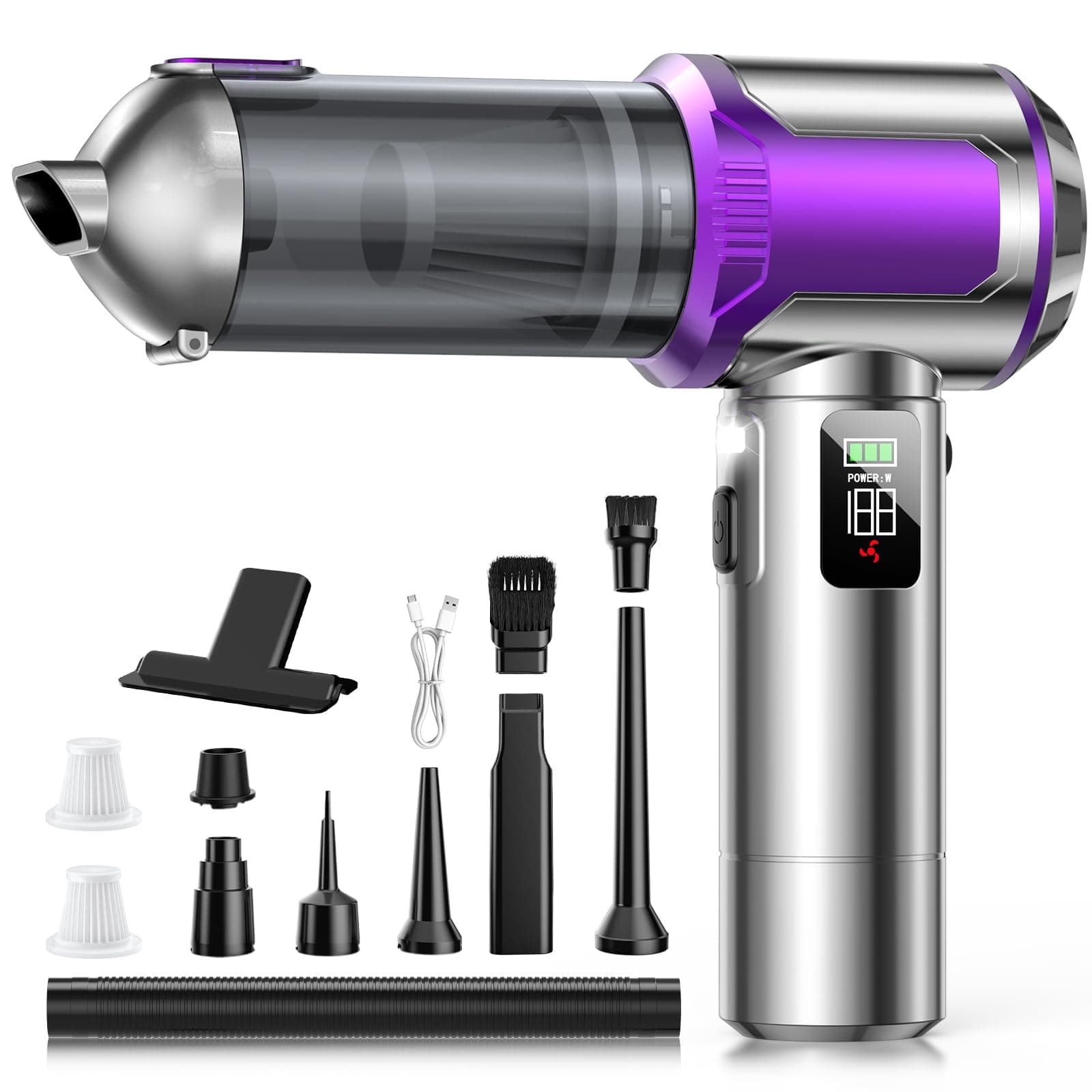 Aspirapolvere Senza Fili,28KPa Aspirapolvere Auto Potente con Illuminazione | 1-Touch Dust Dump, 3 Velocità Motore Brushless 4 in 1 Aspirapolvere Portatile con display HD/Ricarica Rapida, Argento & Viola